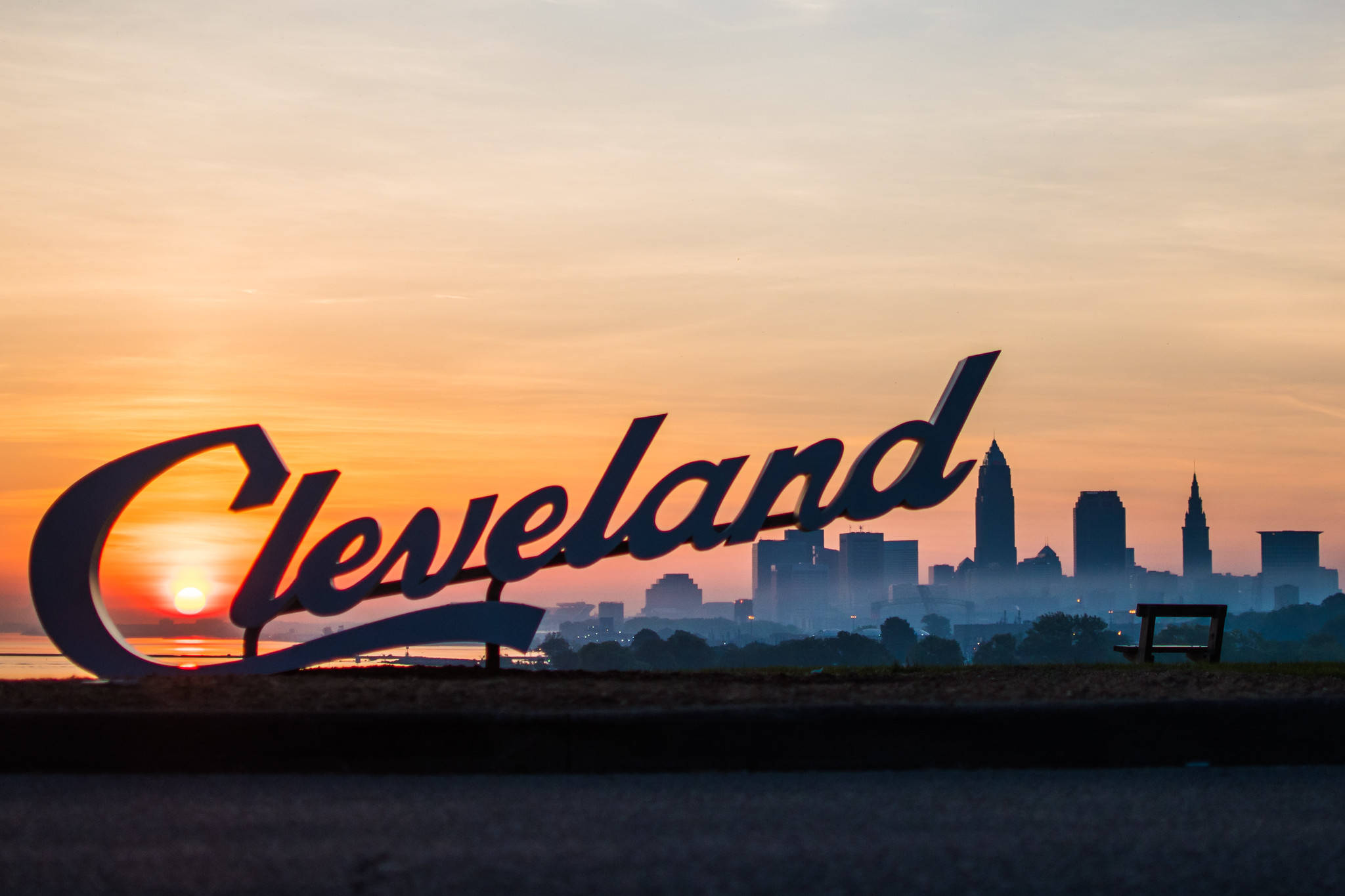 Cleveland, iconic sign, sunrise, Full HD Desktop Wallpaper