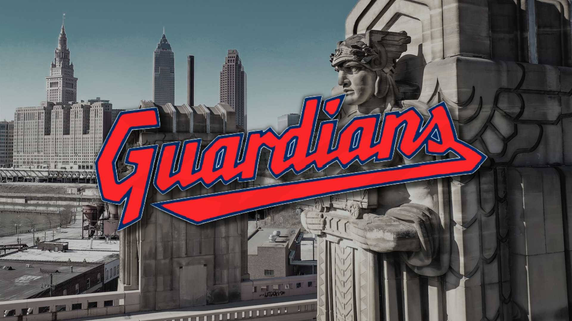Cleveland Guardians, wordmark statue, vintage cityscape, Full HD Desktop Wallpaper
