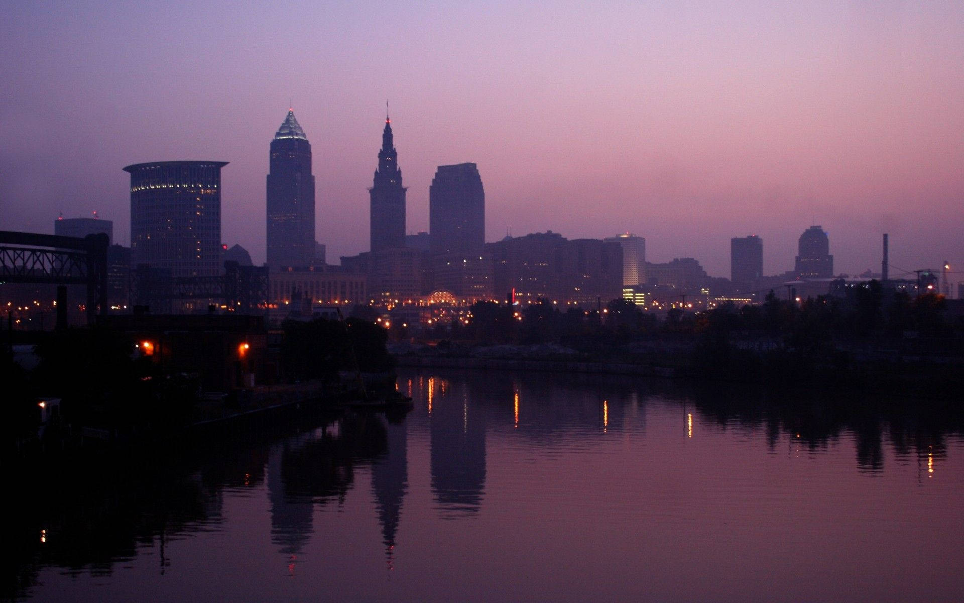 Cleveland, purple sky, river, Full HD Desktop Wallpaper