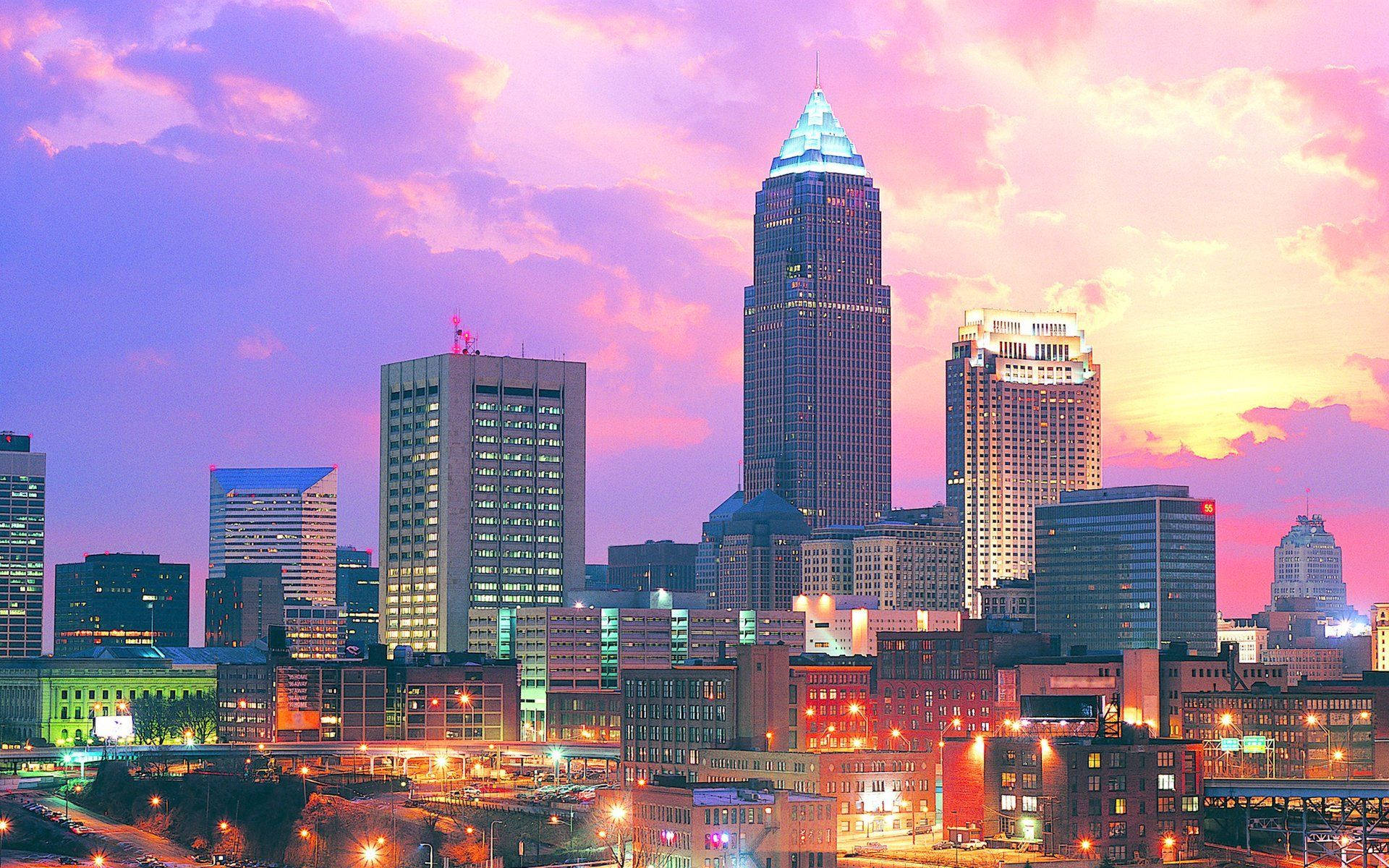 Cleveland, downtown, pink sky, Full HD Desktop Wallpaper