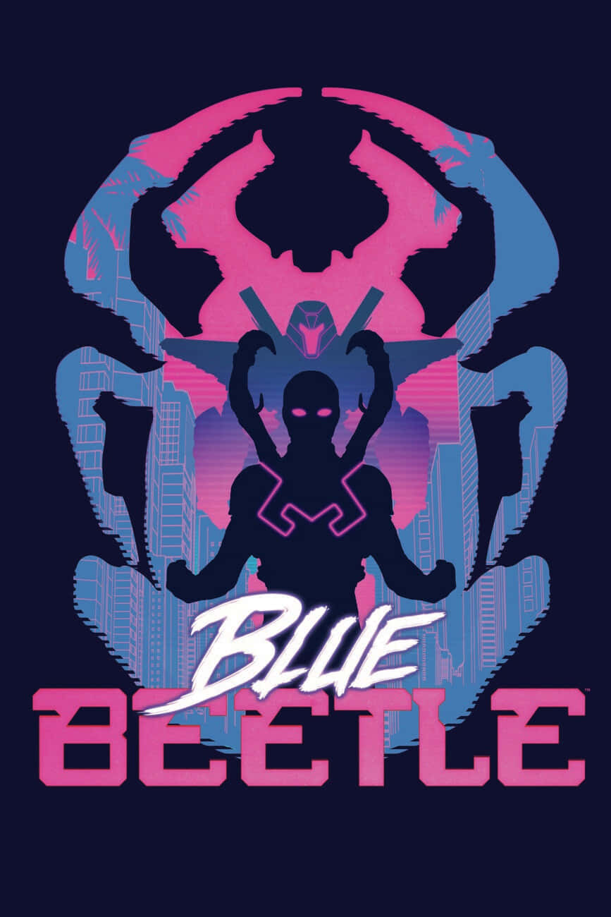 Blue Beetle, cityscape, pink and blue gradient sky, HD Phone Wallpaper