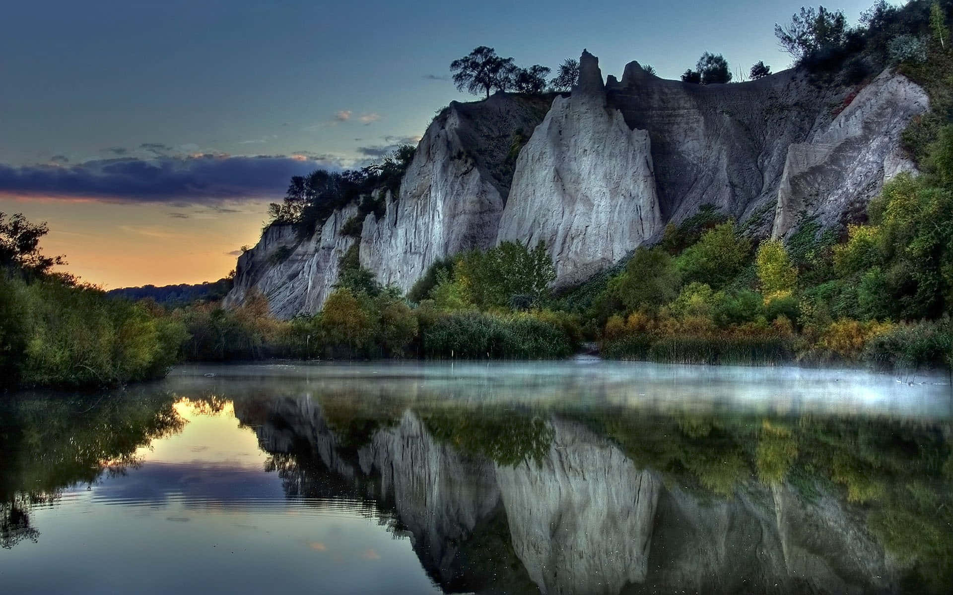 tall cliffs, limestone cliffs, calm river, Full HD Desktop Wallpaper