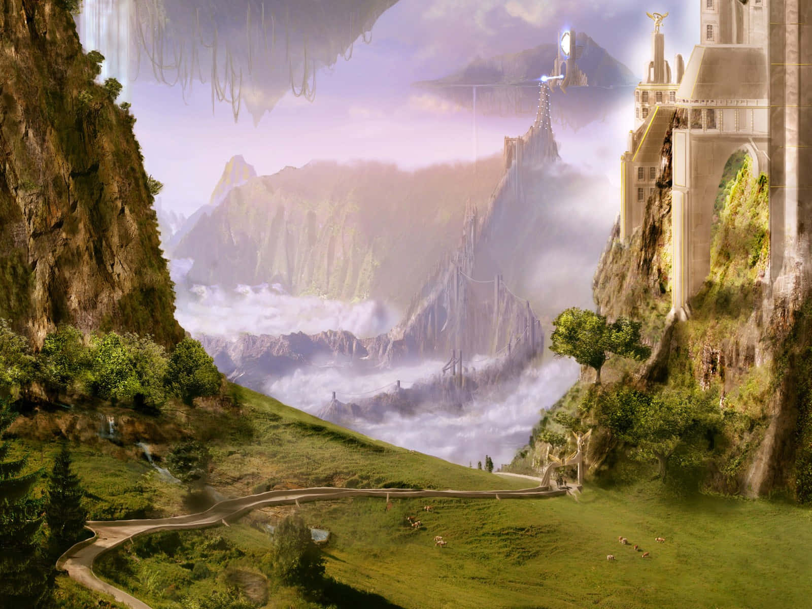 castle cliff, floating castle, misty mountains, HD Desktop Wallpaper