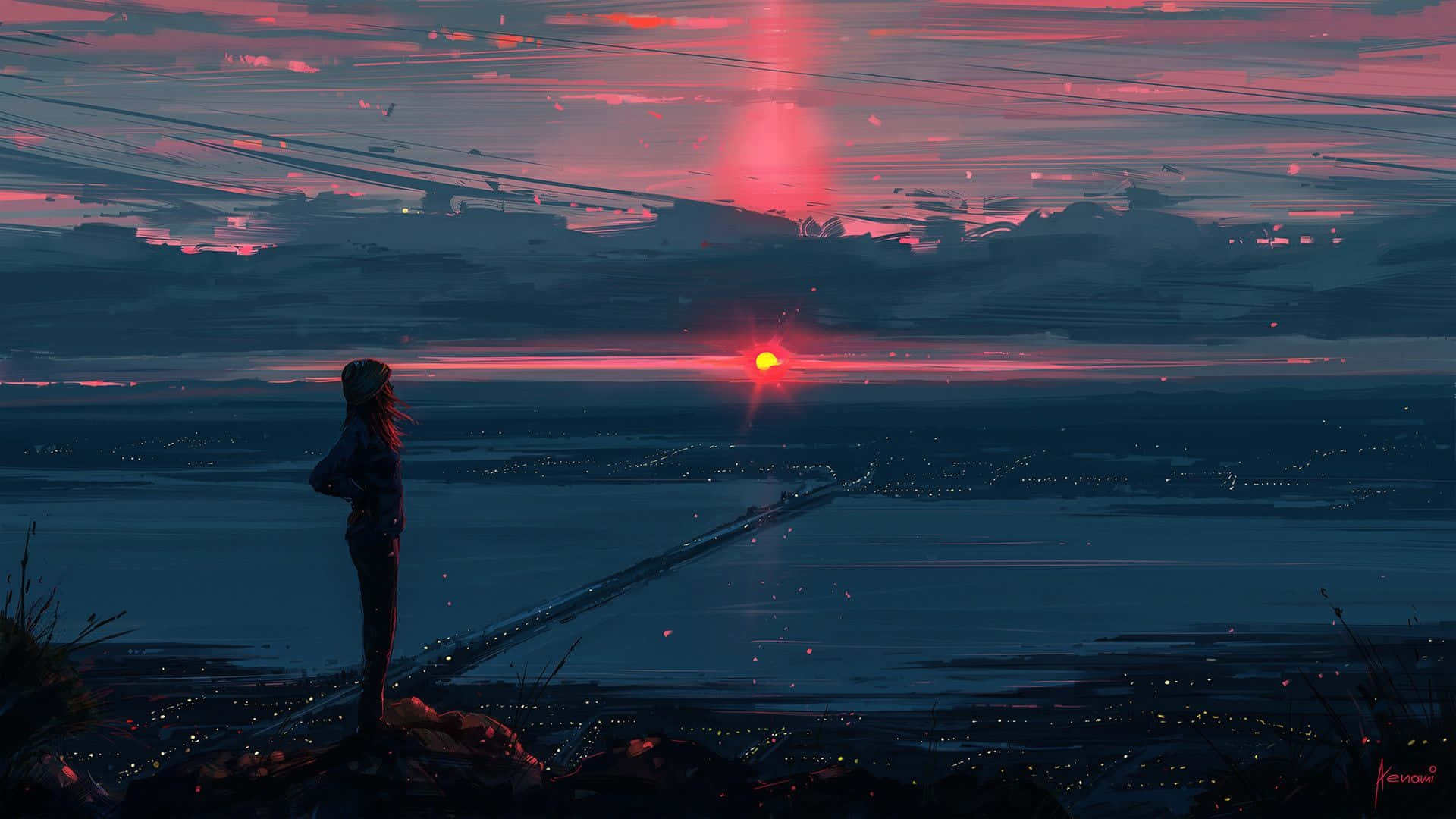 anime girl, cliff, sunset, Full HD Desktop Wallpaper