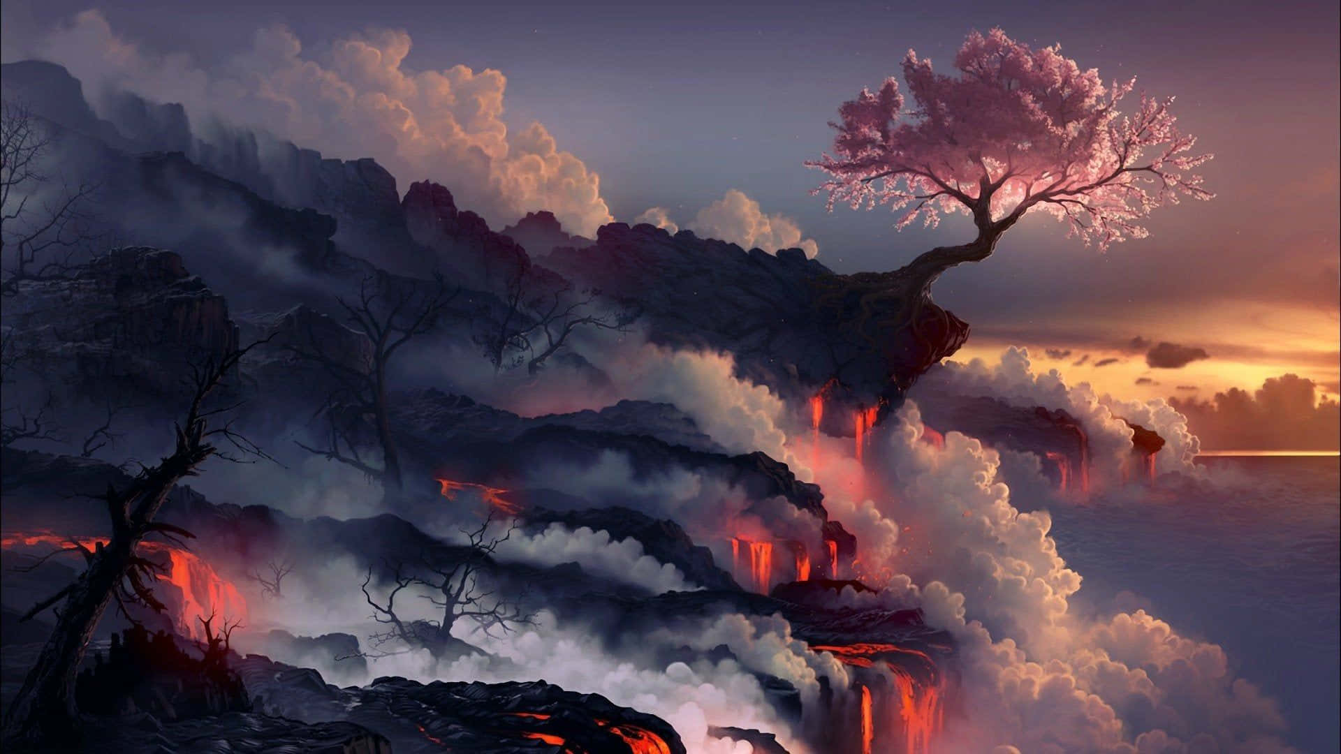 Dark Cherry Blossom Tree, volcanic cliff, molten lava, Full HD Desktop Wallpaper