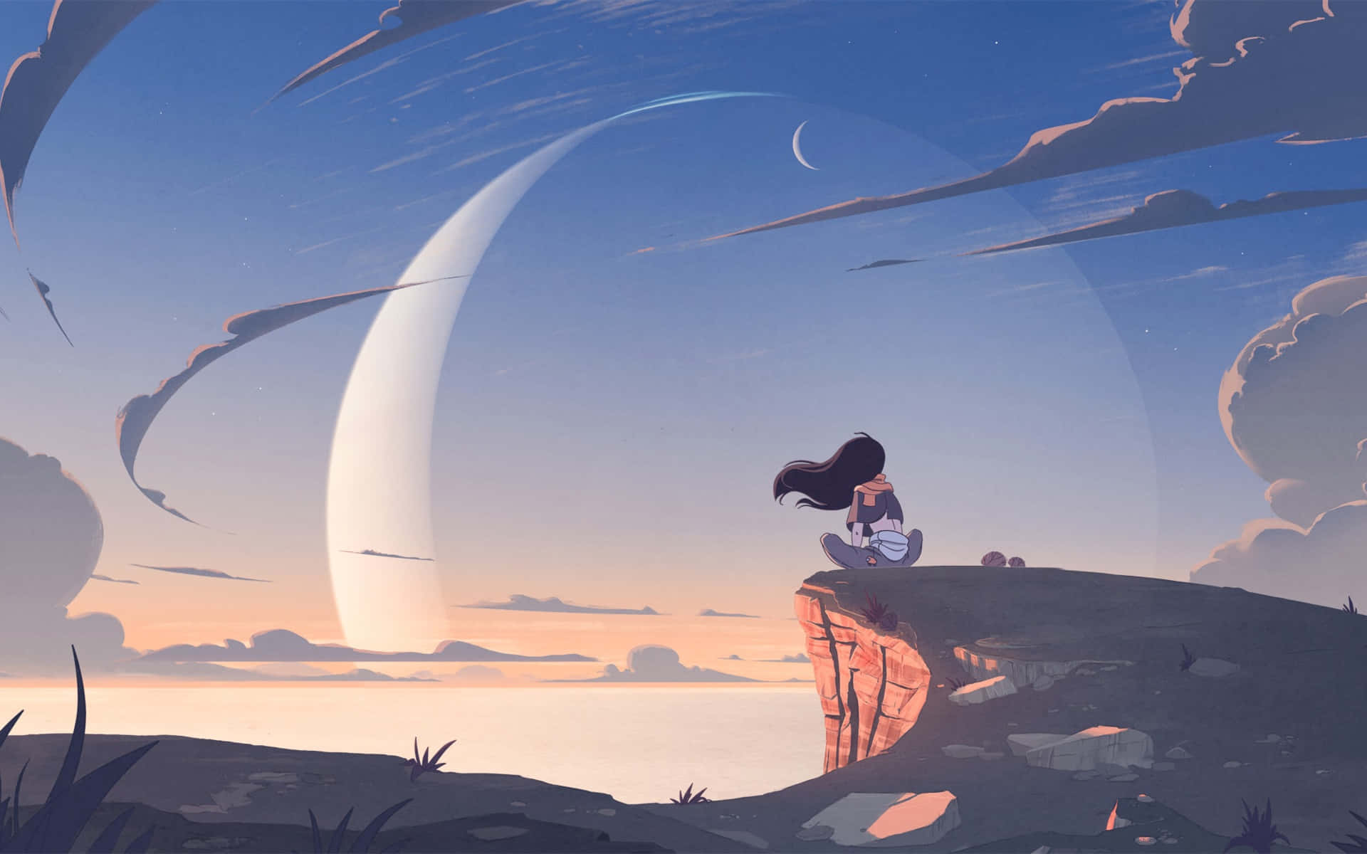 anime girl, mountain cliff, twilight, Full HD Desktop Wallpaper