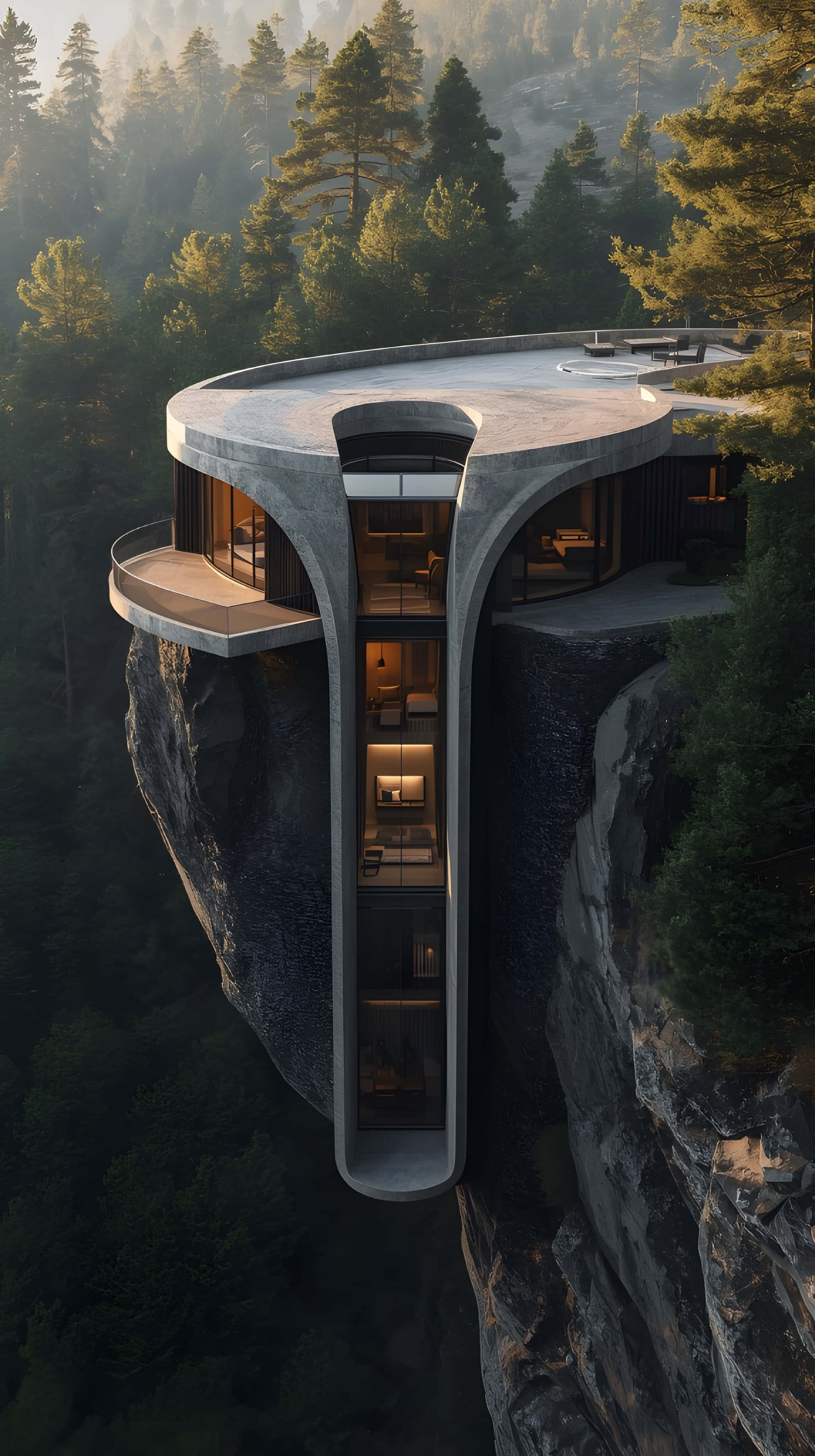 brutalist concrete cliff house, cantilevered balcony, glowing interiors, 4K Phone Wallpaper
