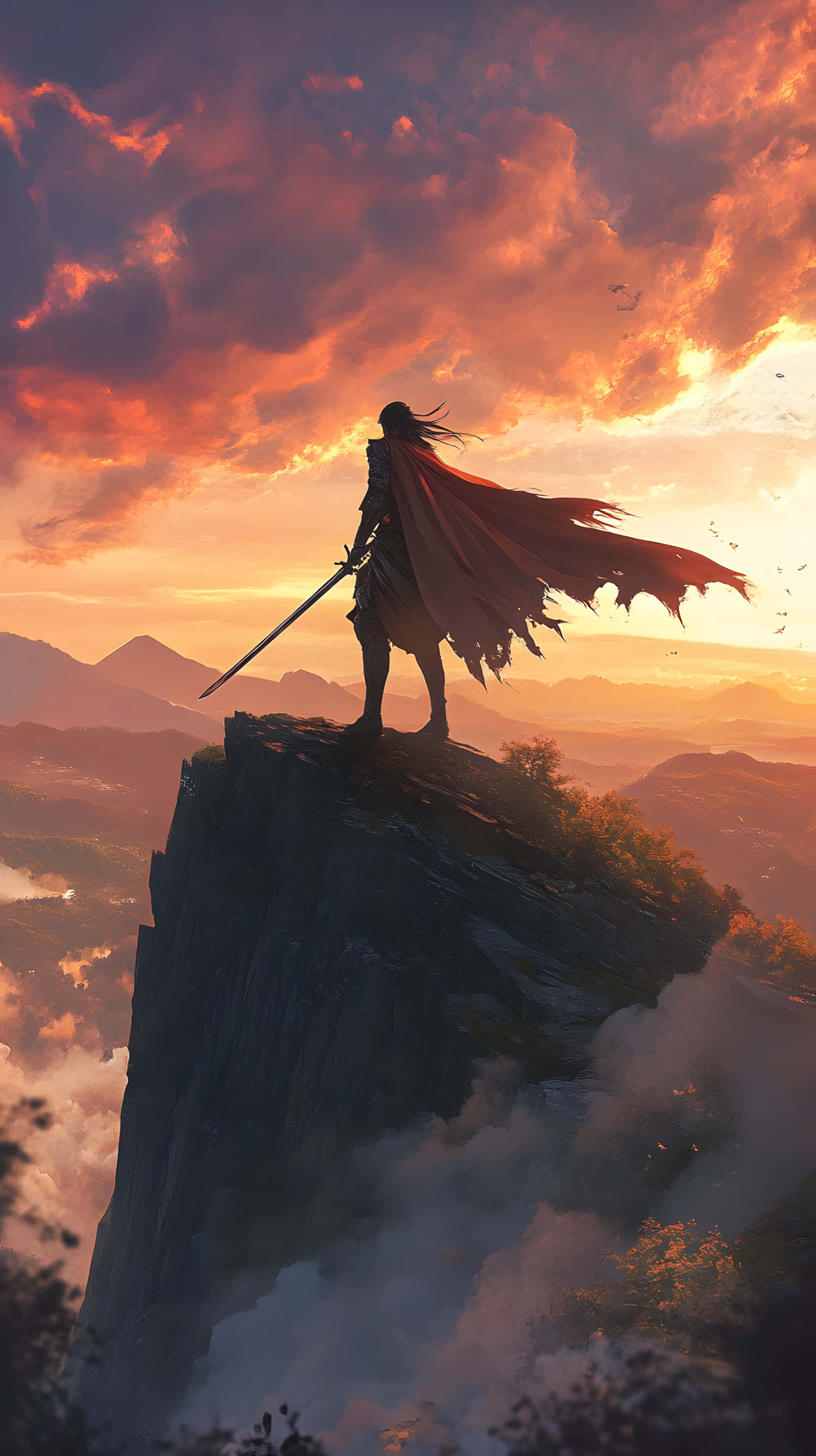 samurai, cliff edge, sunset, 2K Phone Wallpaper