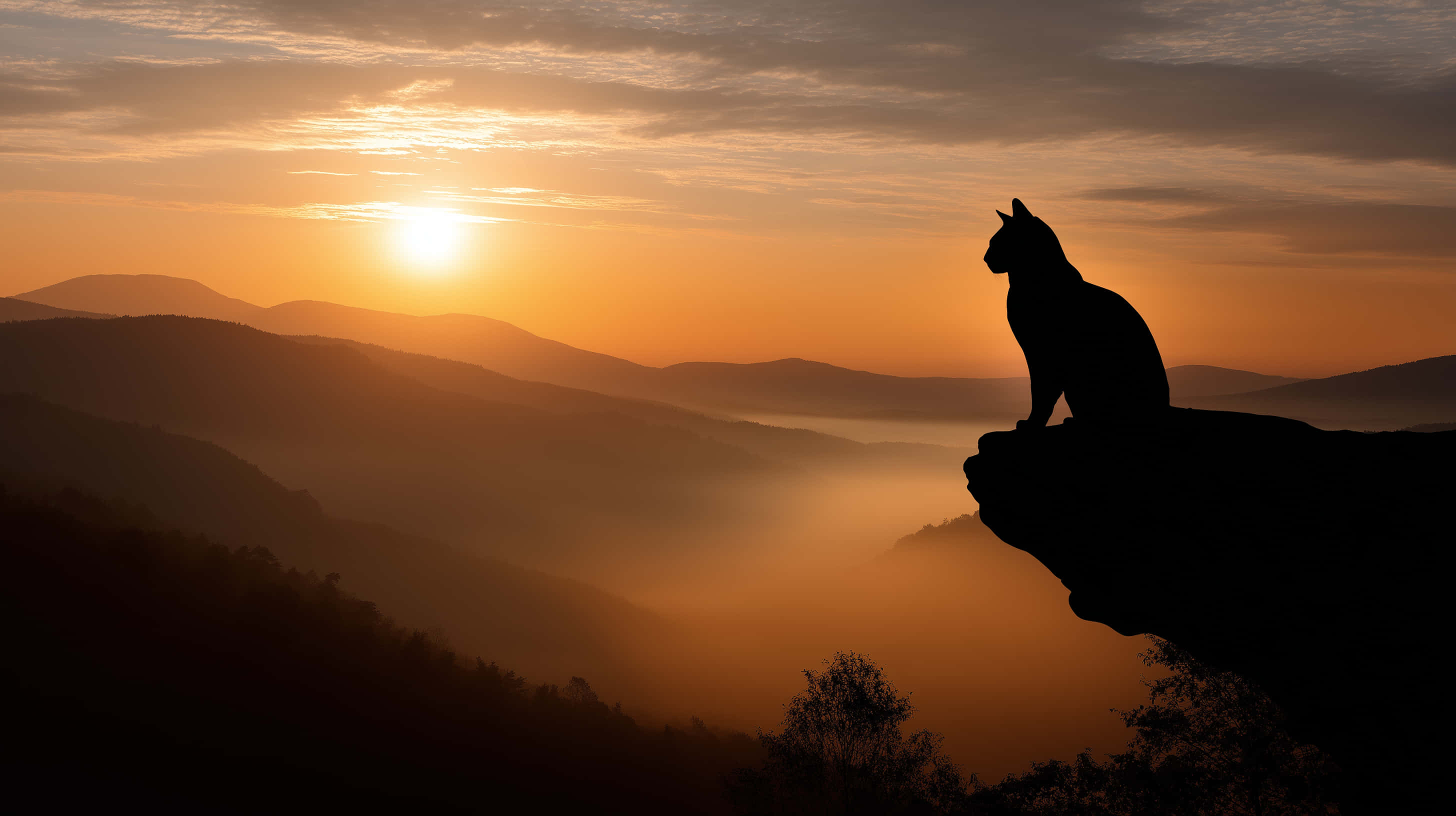 cat silhouette, cliff, mountain ranges, 2K Desktop Wallpaper