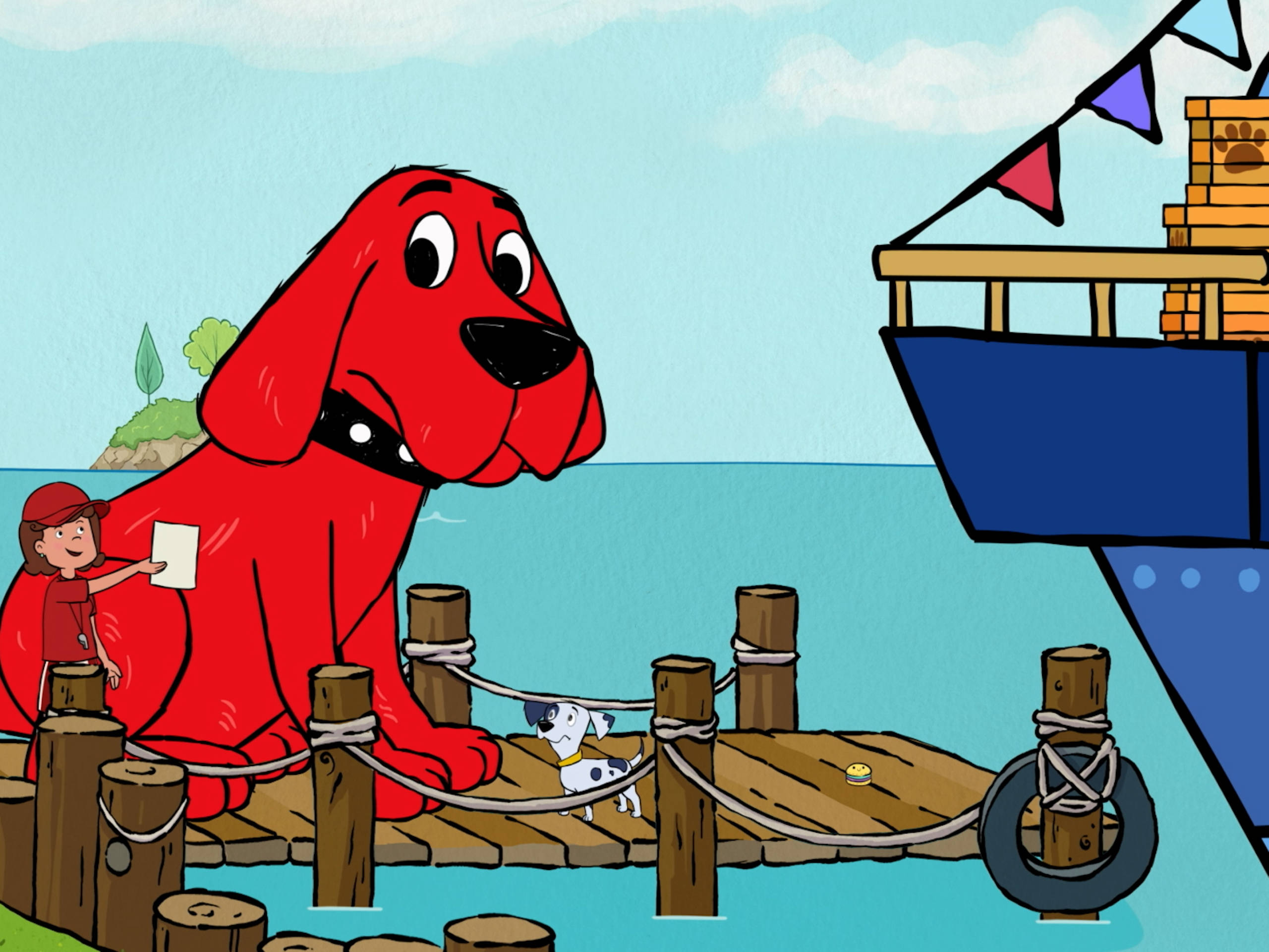 Clifford the big red dog, boat dock, wooden dock, 2K Desktop Wallpaper