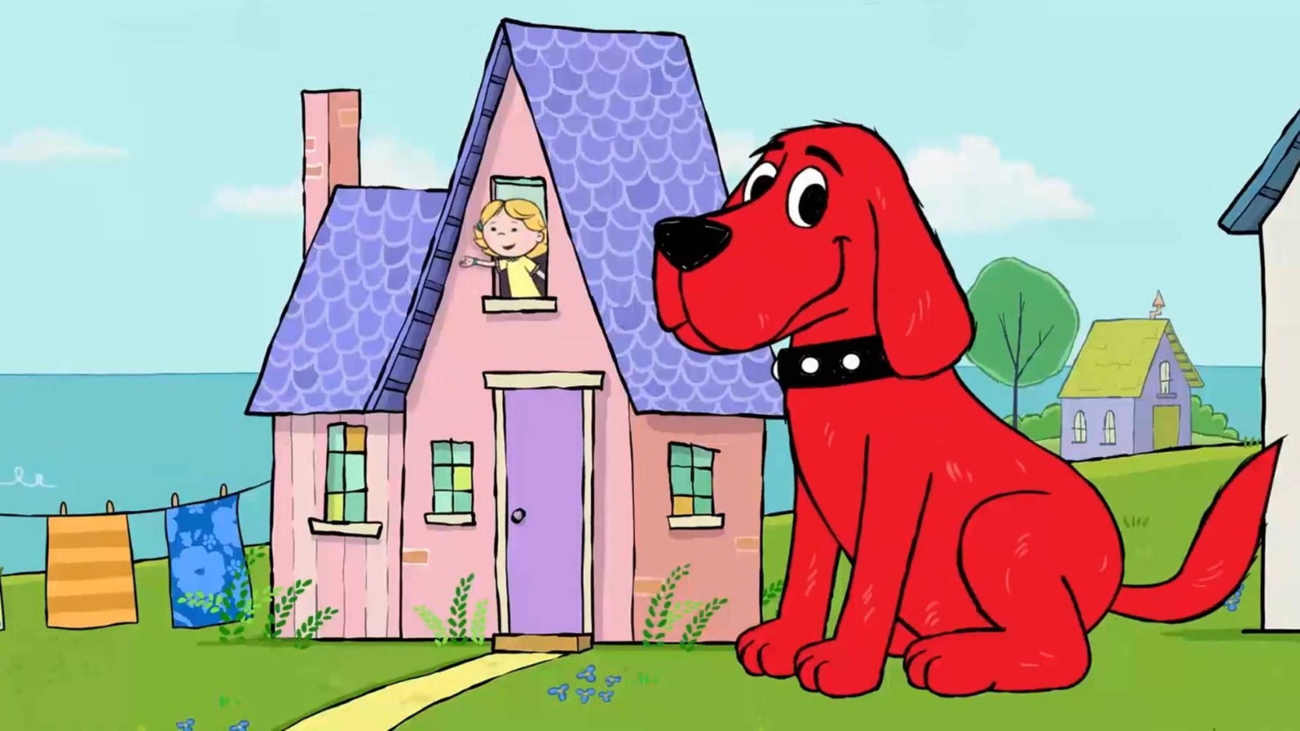Clifford the big red dog, pink house, child, 2K Desktop Wallpaper