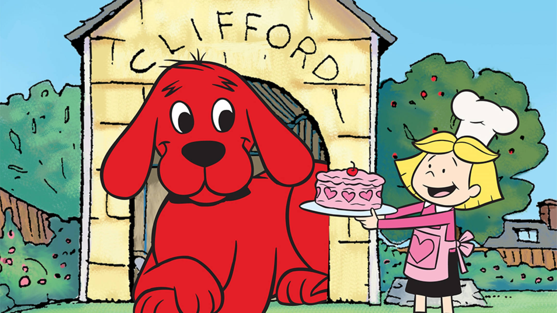Clifford the big red dog, pink heart cake, chef's hat, Full HD Desktop Wallpaper
