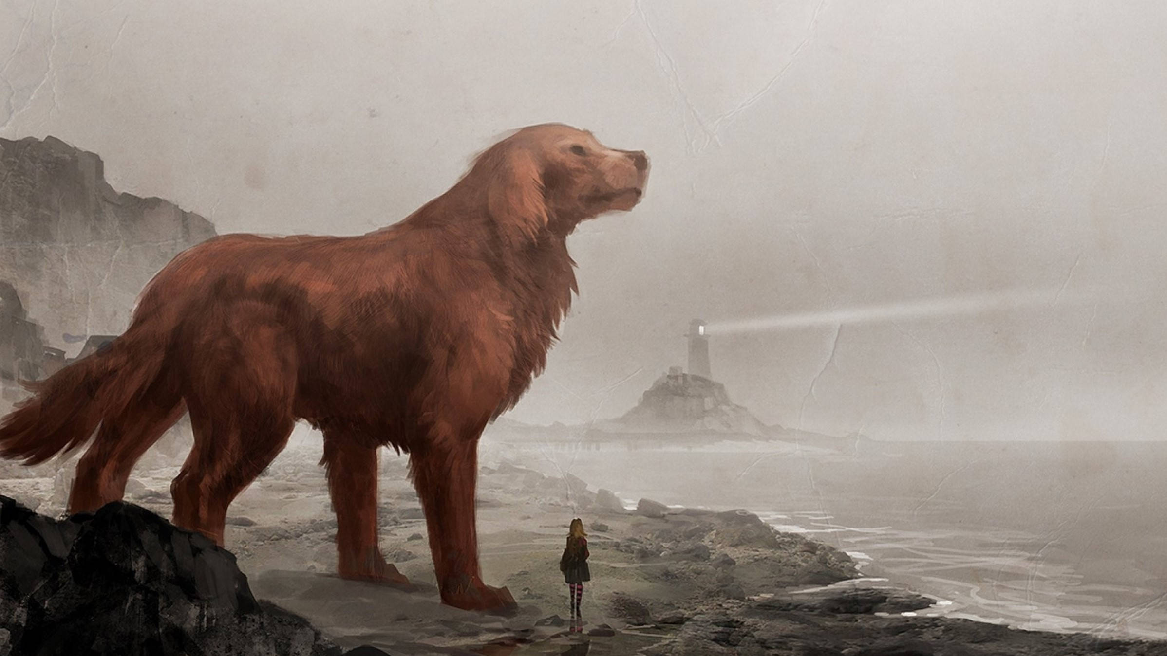 Clifford the big red dog, golden retriever, misty rocky shore, Full HD Desktop Wallpaper