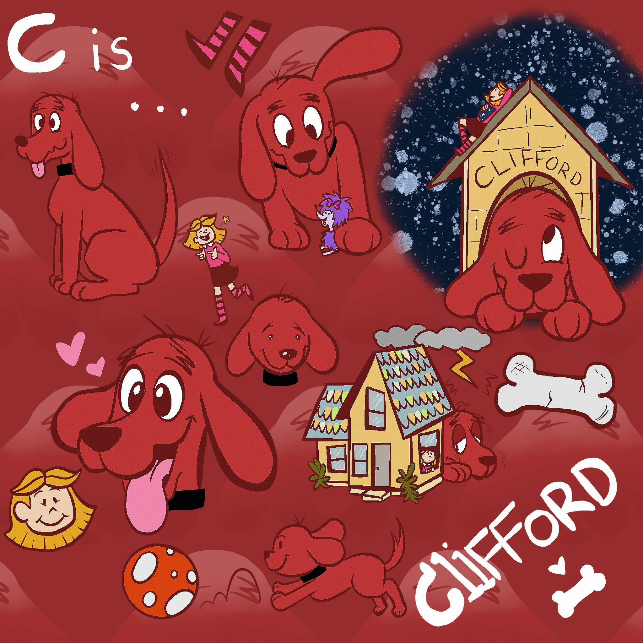 Clifford the Big Red Dog, red background, cartoon depictions, Full HD Desktop Wallpaper
