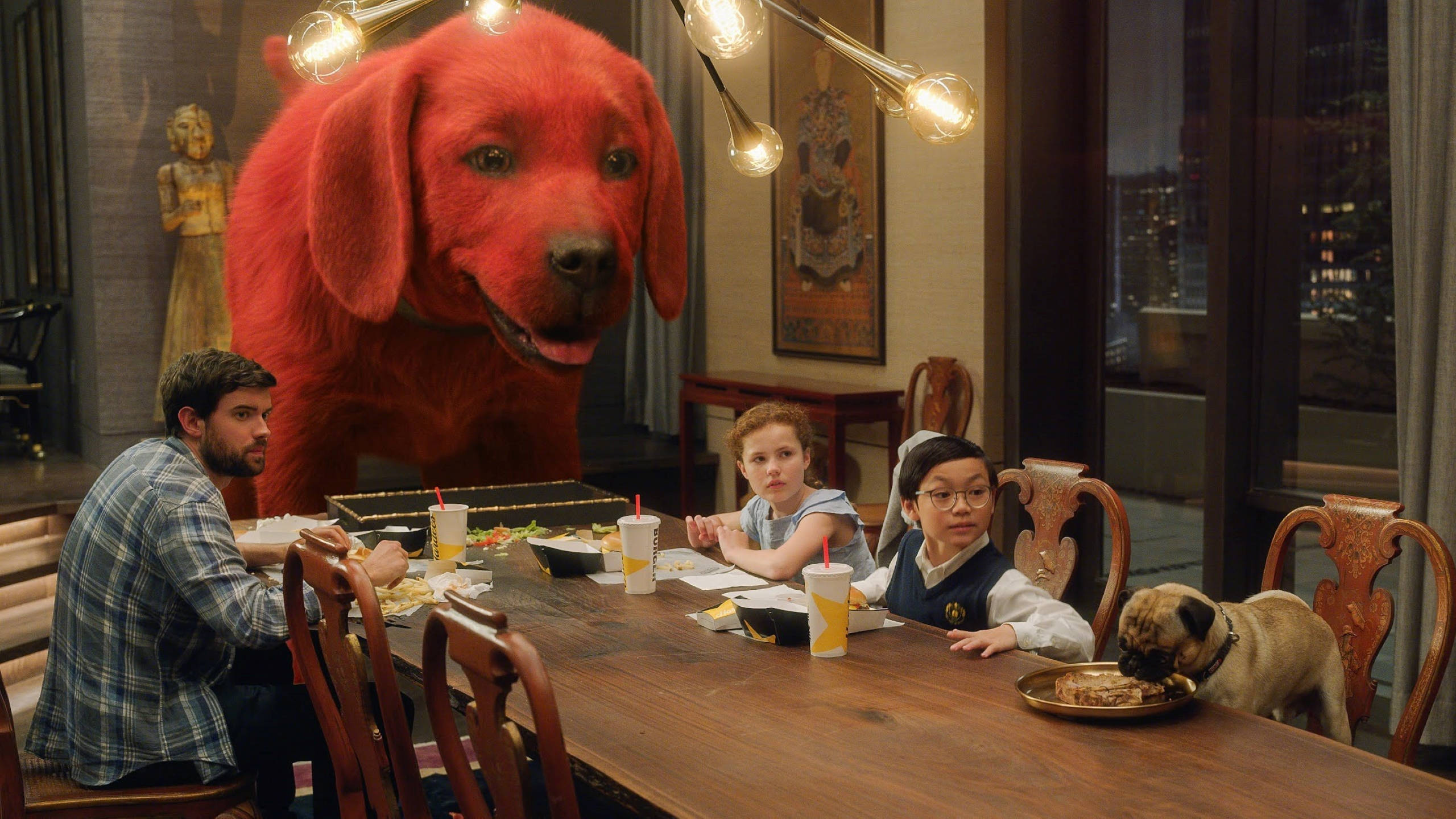 Clifford the big red dog, dinner scene, dining table, 2K Desktop Wallpaper