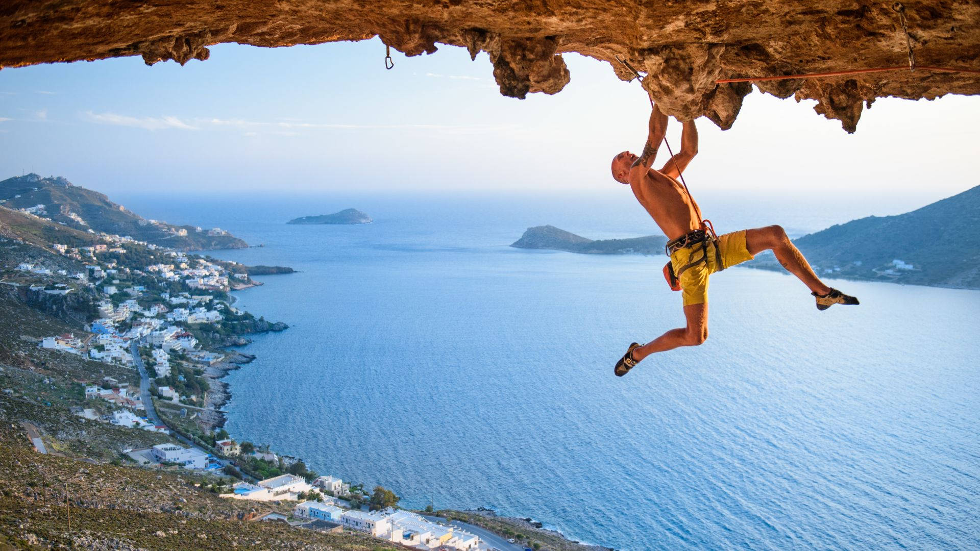 sport climbing, cliff, turquoise sea, Full HD Desktop Wallpaper