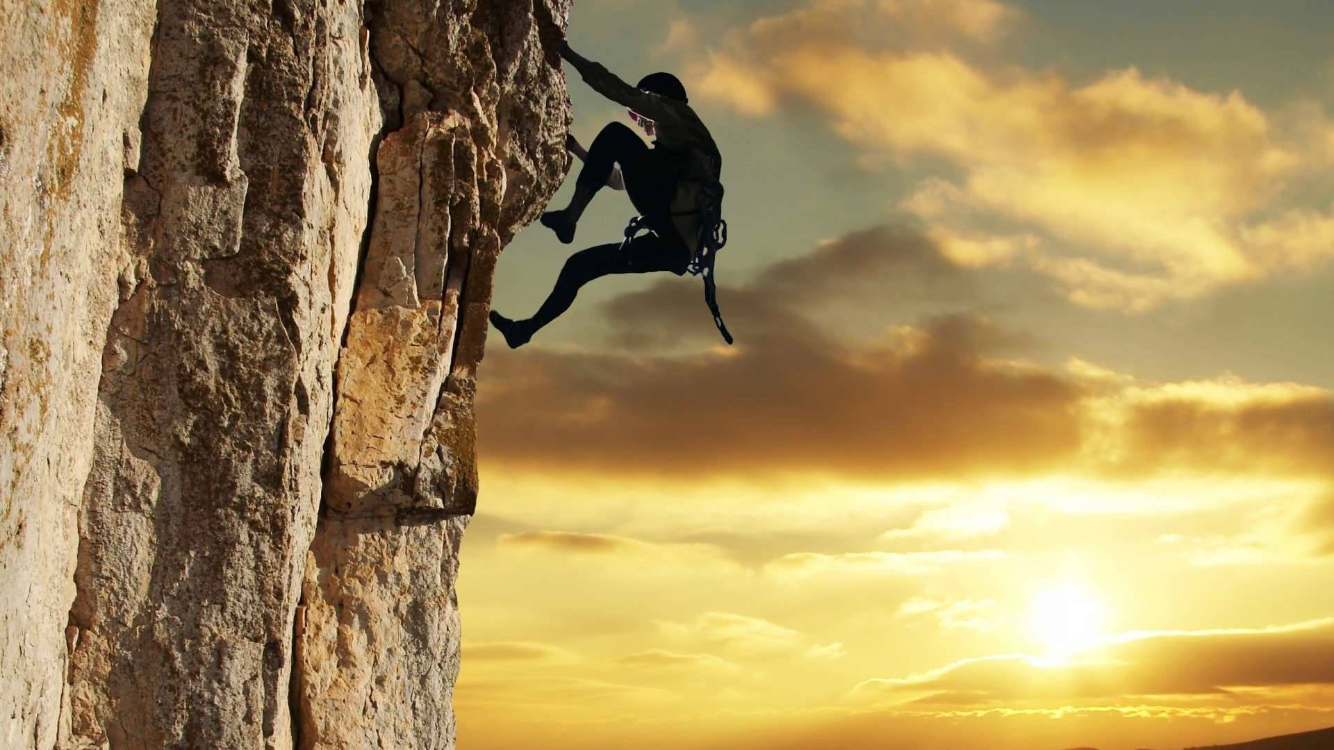 Sunset, golden sunset sky, rugged cliff face, Full HD Desktop Wallpaper