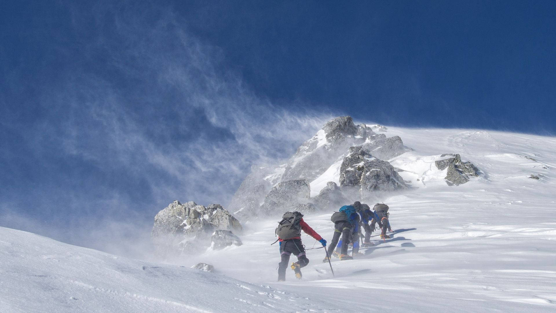 Climbing Group, snowy mountain ridge, clear blue sky, Full HD Desktop Wallpaper