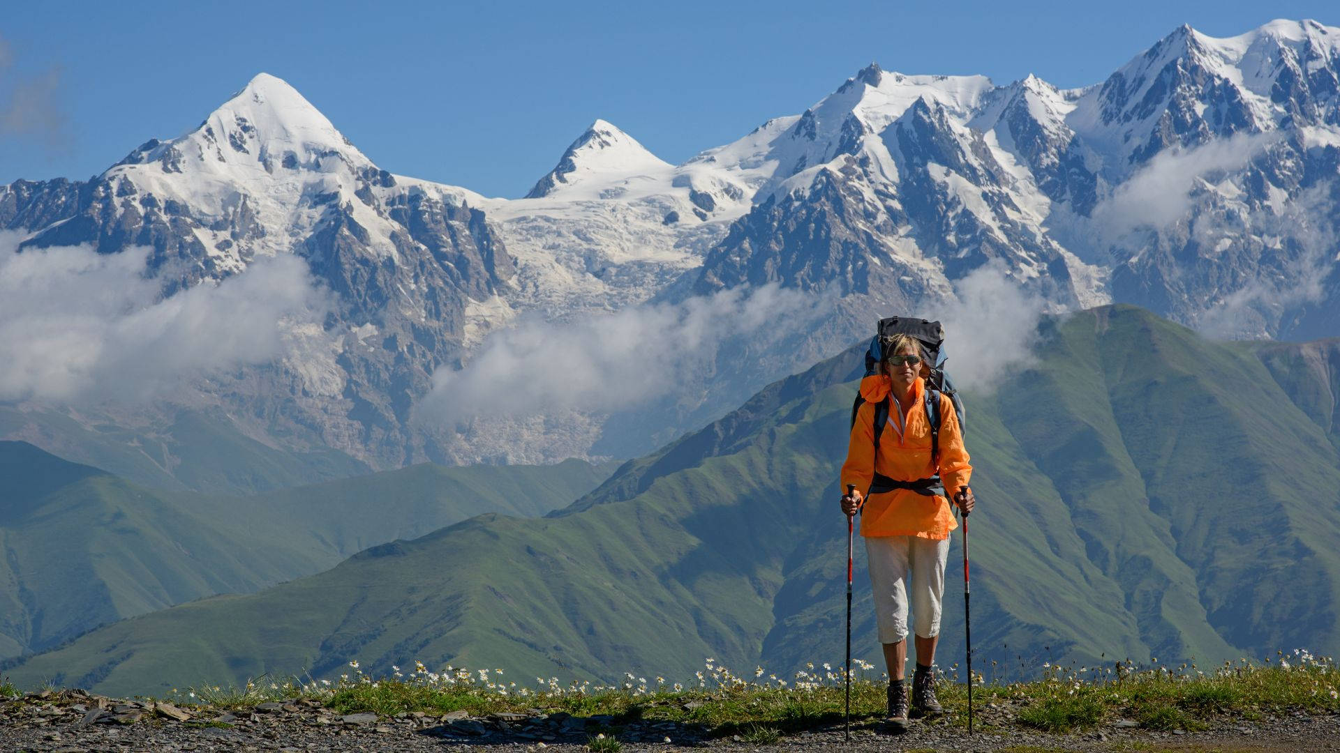 mountaineering, snow-capped mountain, orange jacket, Full HD Desktop Wallpaper