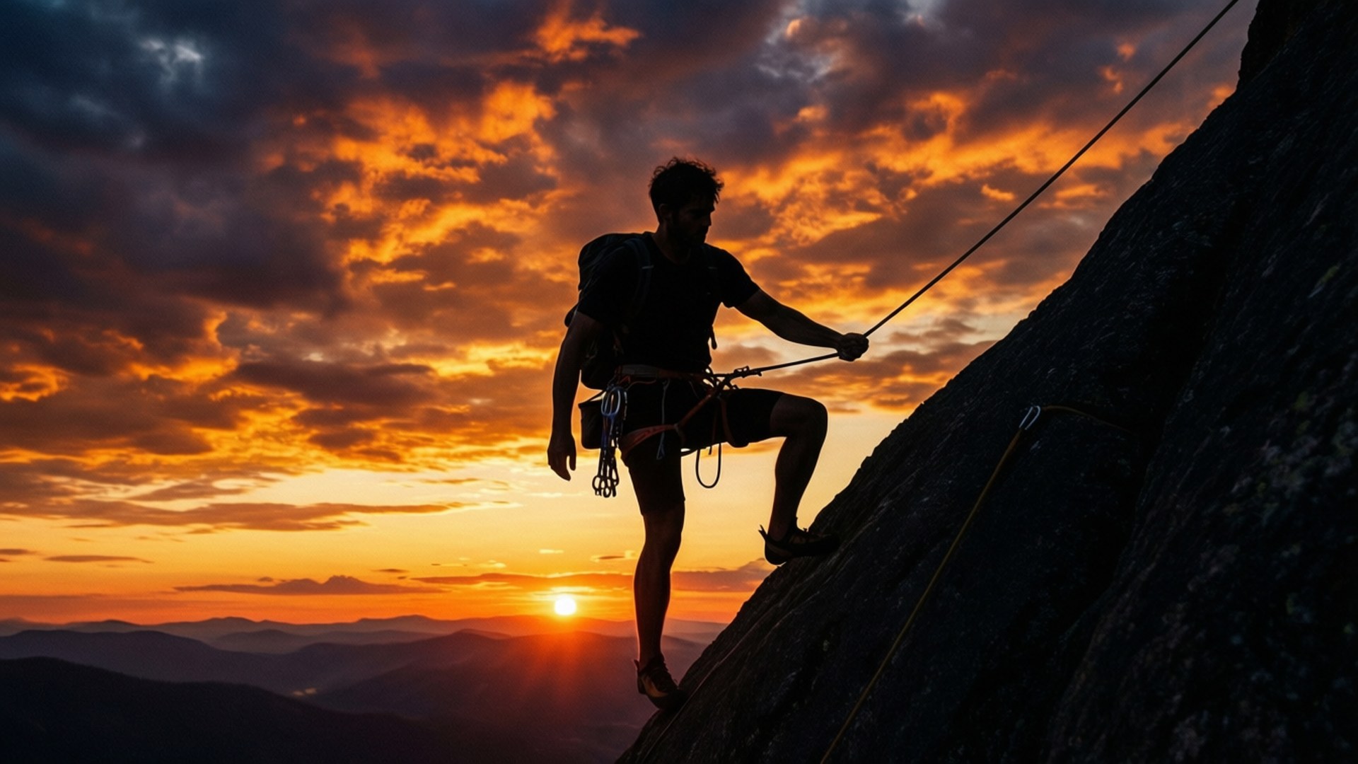 Sunset, Climber, Steep rock face, Full HD Desktop Wallpaper