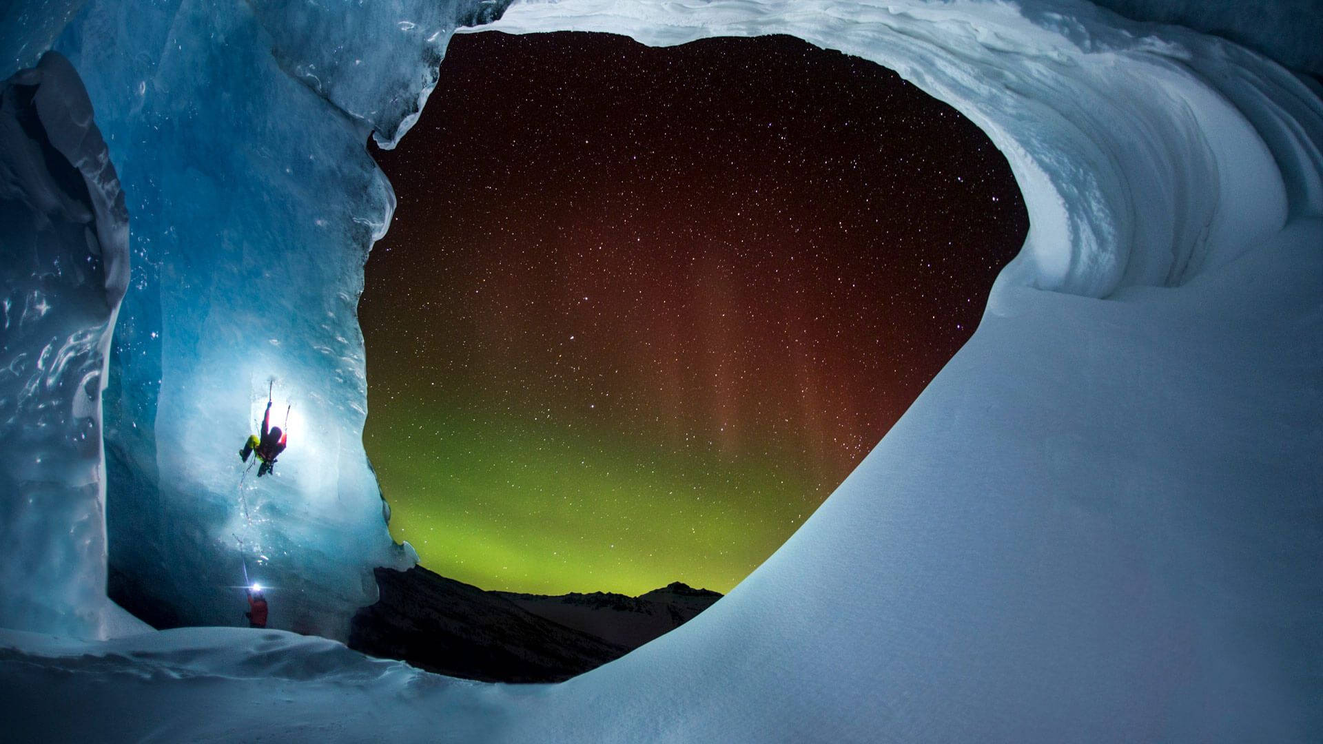 aurora borealis, glowing blue ice cave, night sky, Full HD Desktop Wallpaper