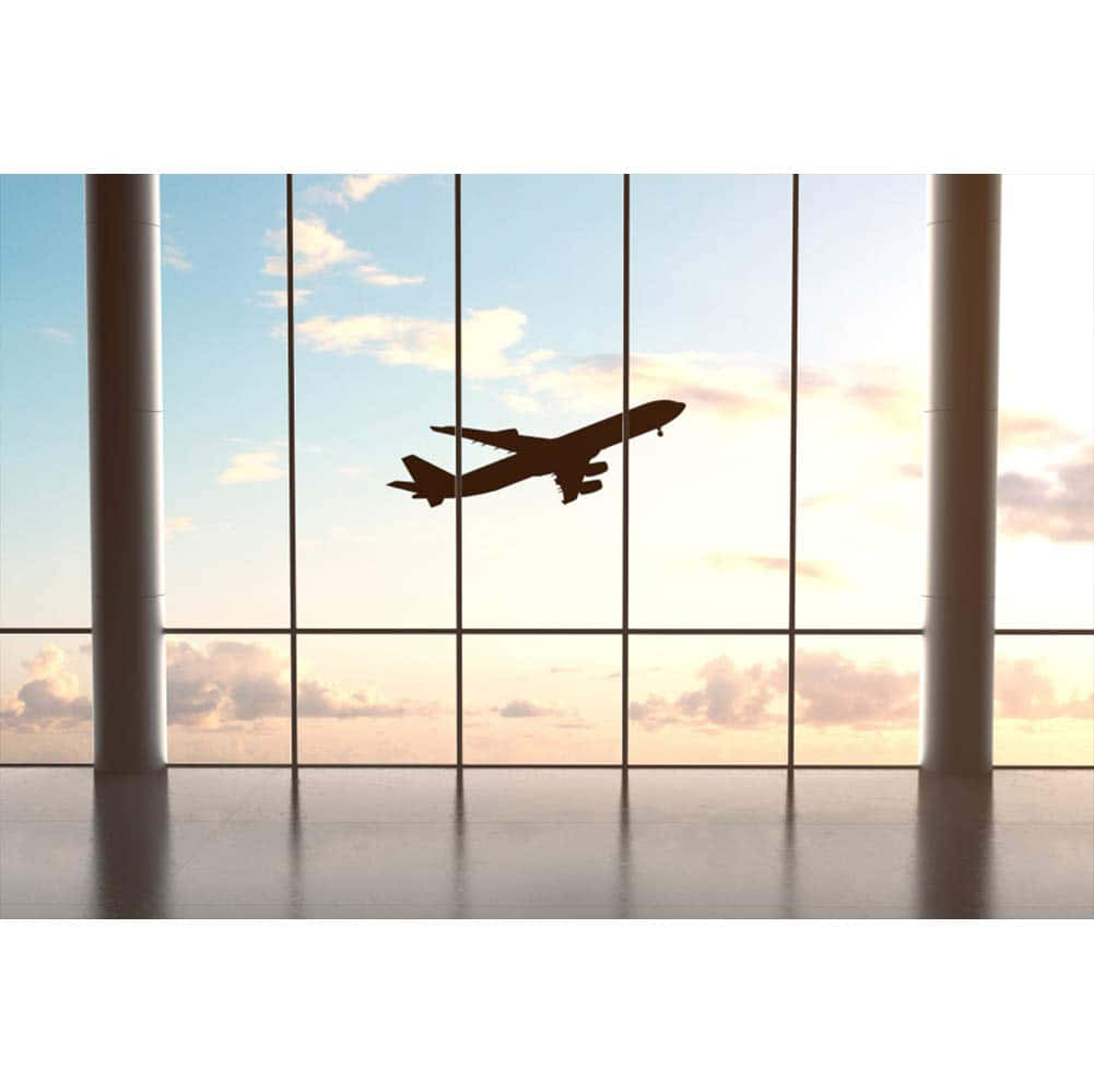 passenger jet, sunset sky, modern airport terminal window, SD Desktop Wallpaper