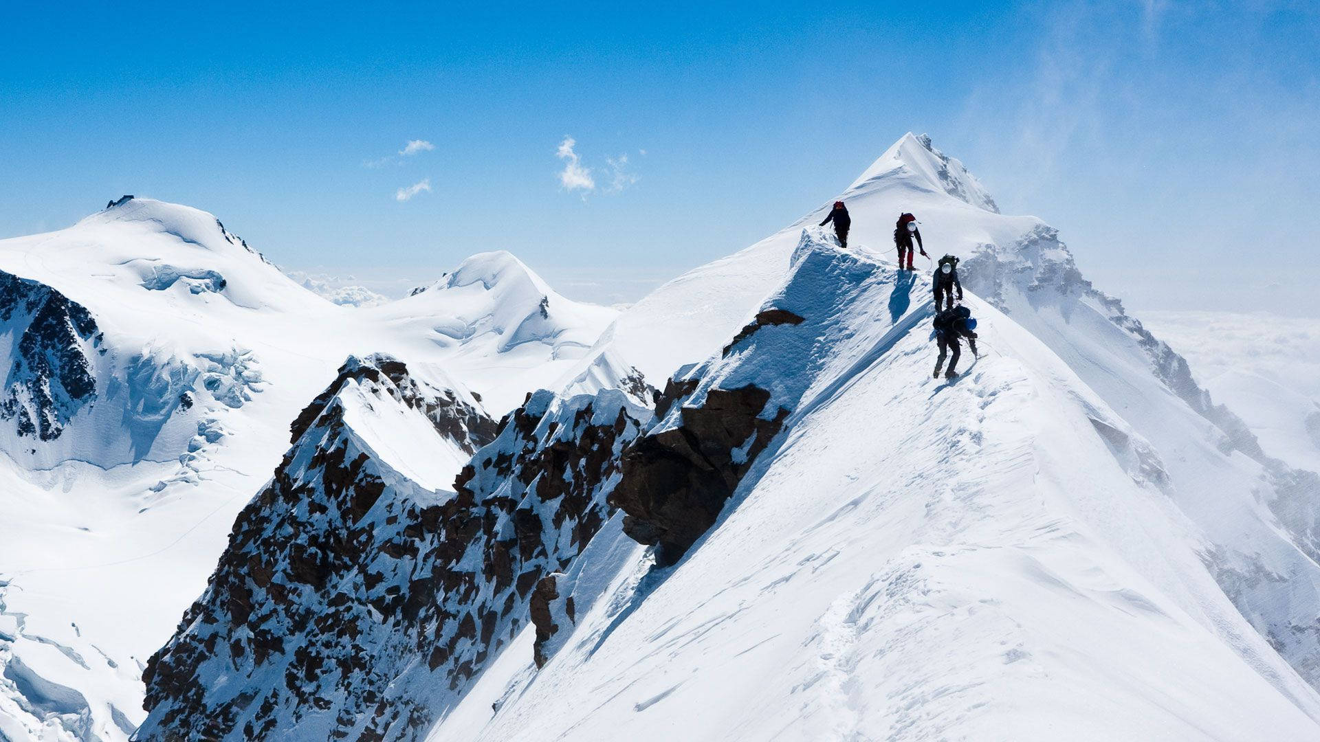 mountaineering, snowy mountains, snow-covered mountain ridge, Full HD Desktop Wallpaper