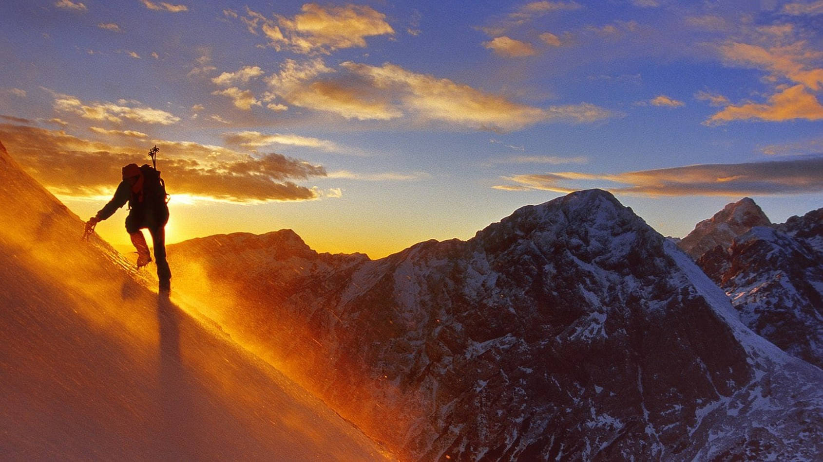 mountaintop sunset, mountaineering, golden powder, HD Desktop Wallpaper