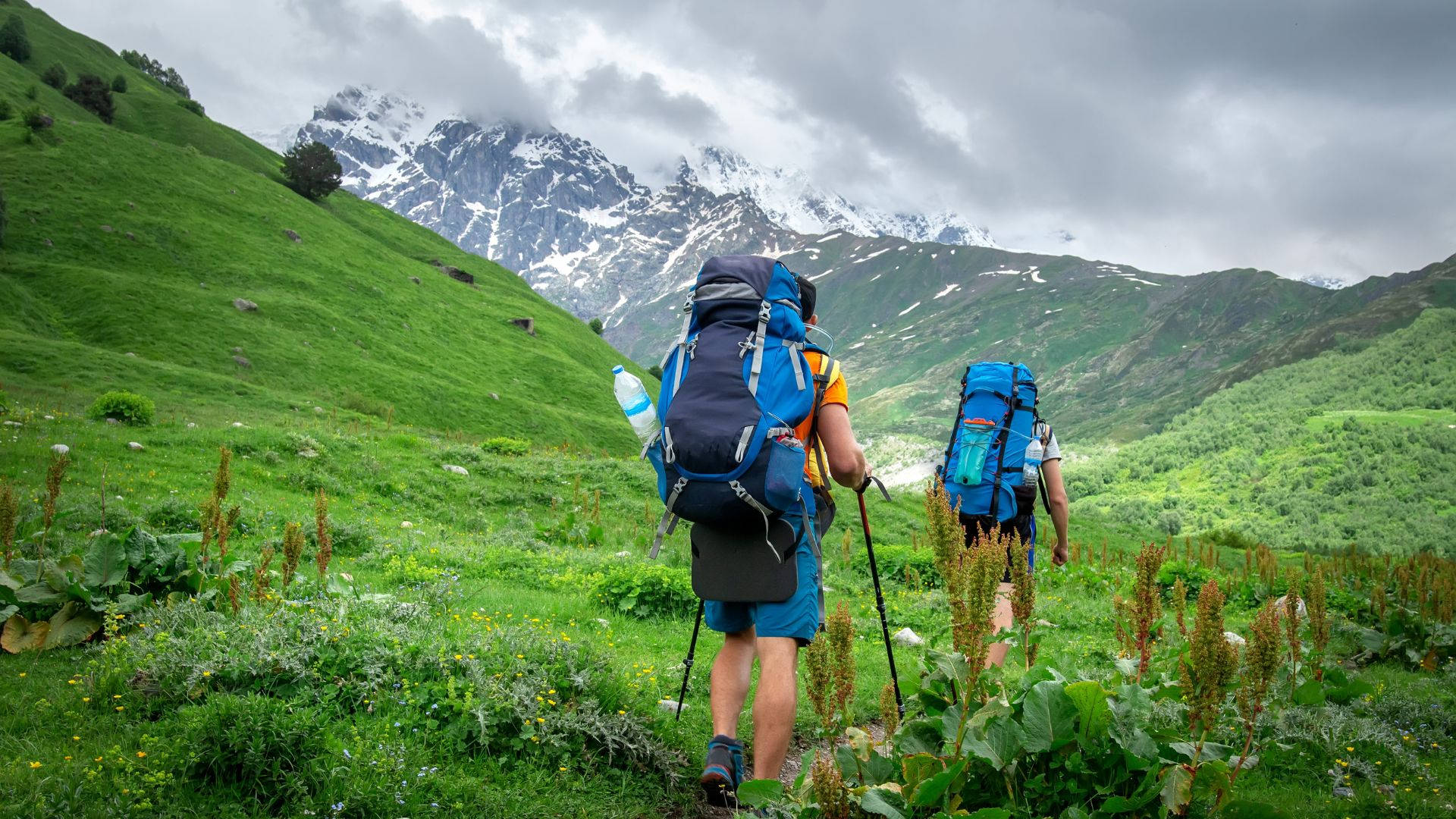 mountaineers, hiking trail, blue backpacks, Full HD Desktop Wallpaper