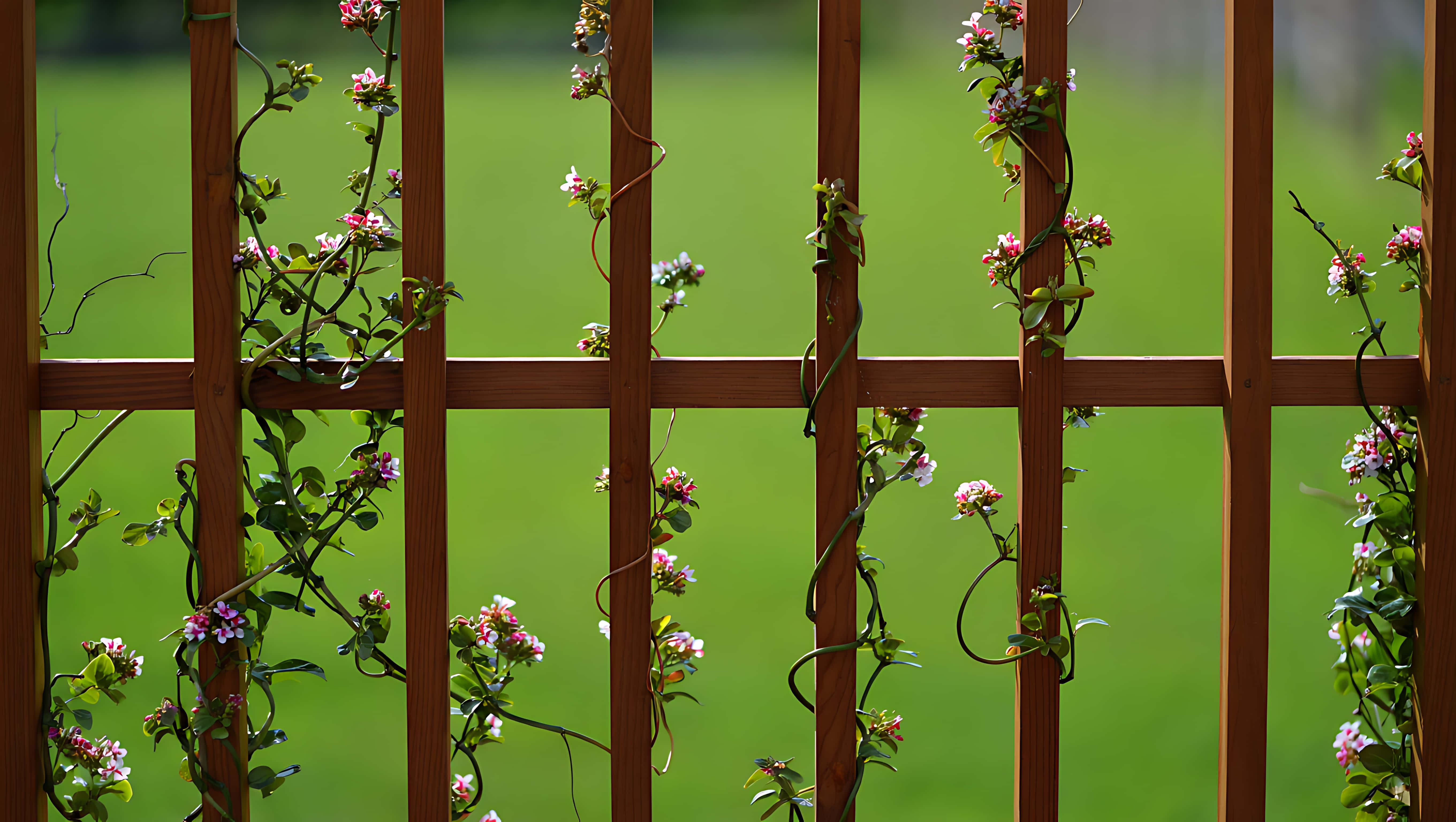 delicate pink flowers, wooden trellis, green background, 5K Desktop Wallpaper