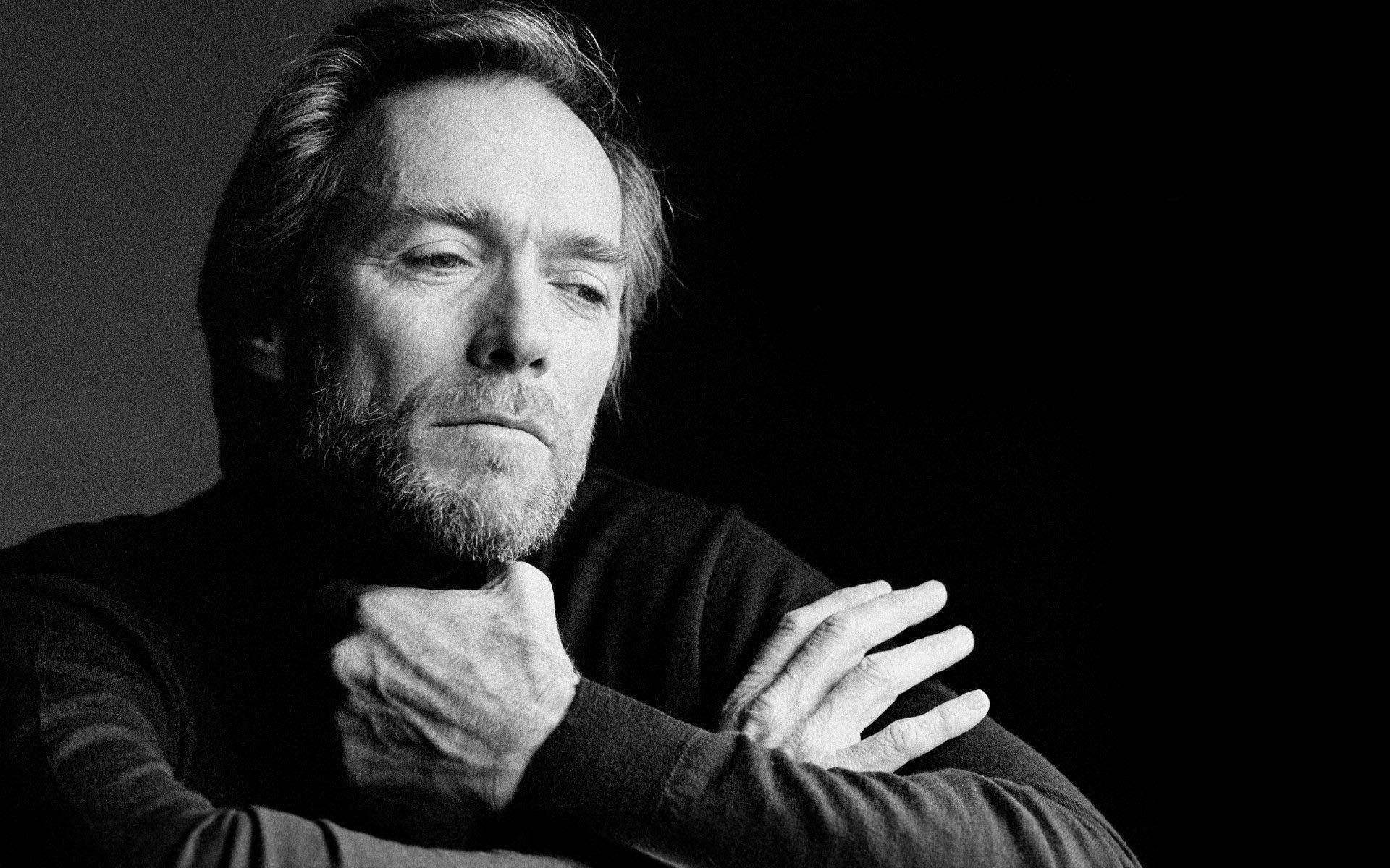 Clint Eastwood, turtleneck, black and white portrait, Full HD Desktop Wallpaper