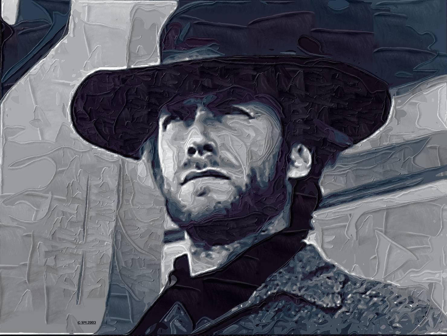 Clint Eastwood, wide-brimmed hat, textured brushstroke effects, HD Desktop Wallpaper