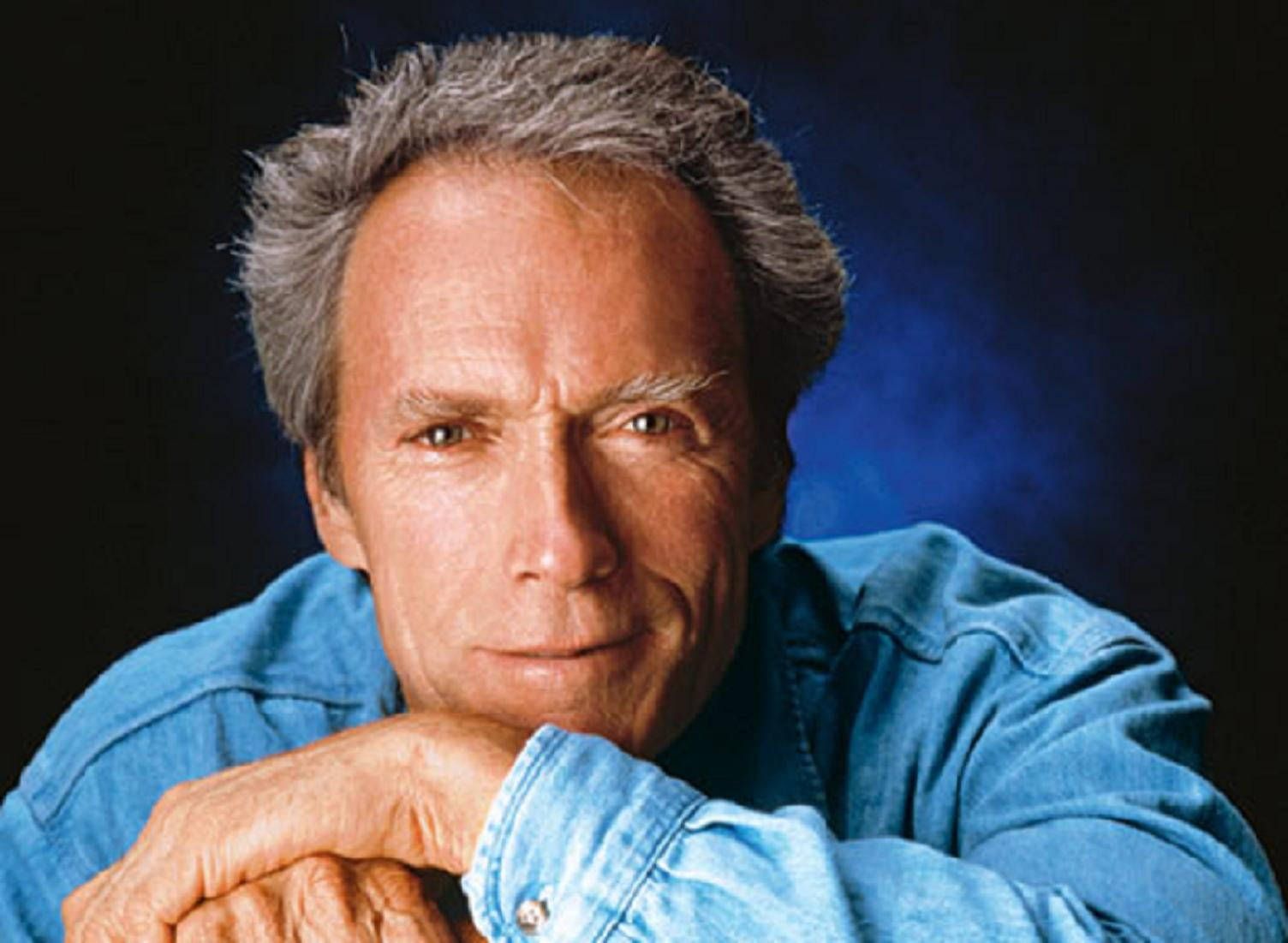 Clint Eastwood, blue shirt, dark blue gradient background, HD Desktop Wallpaper