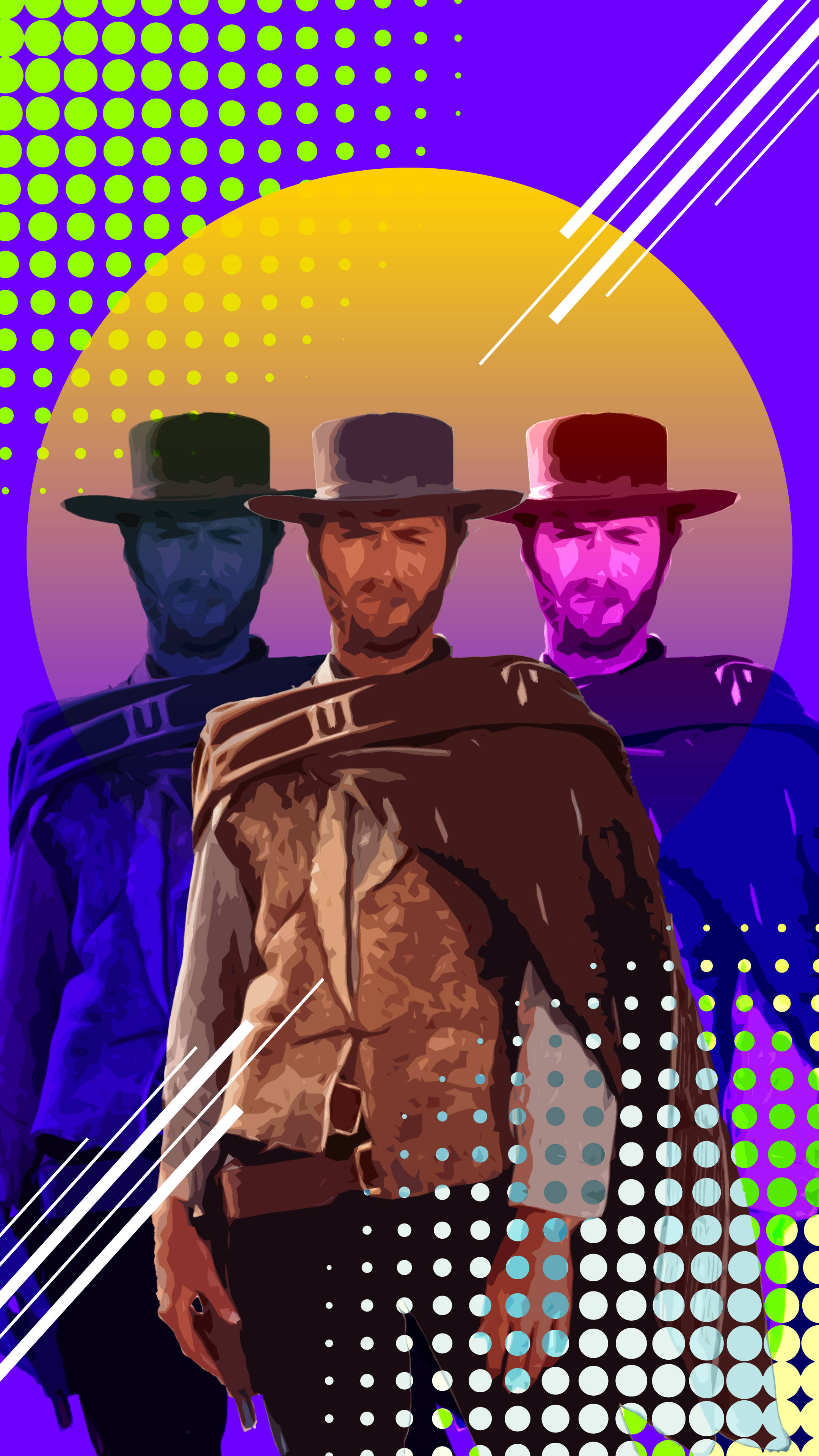 Clint Eastwood, vibrant purple yellow and green halftone background, diagonal white streaks, 4K Phone Wallpaper