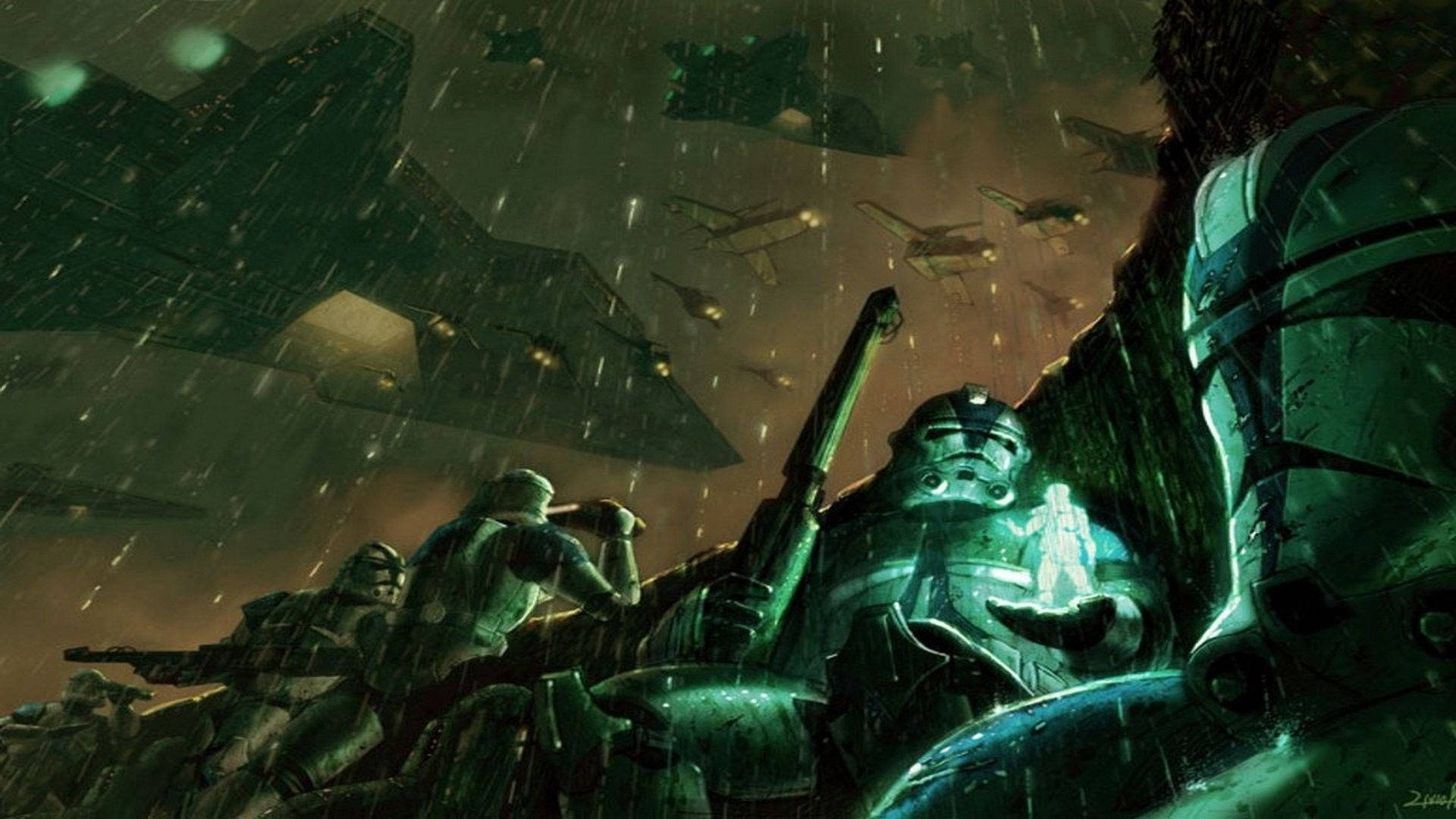 Clone Trooper, green hologram, rainy battlefield, Full HD Desktop Wallpaper