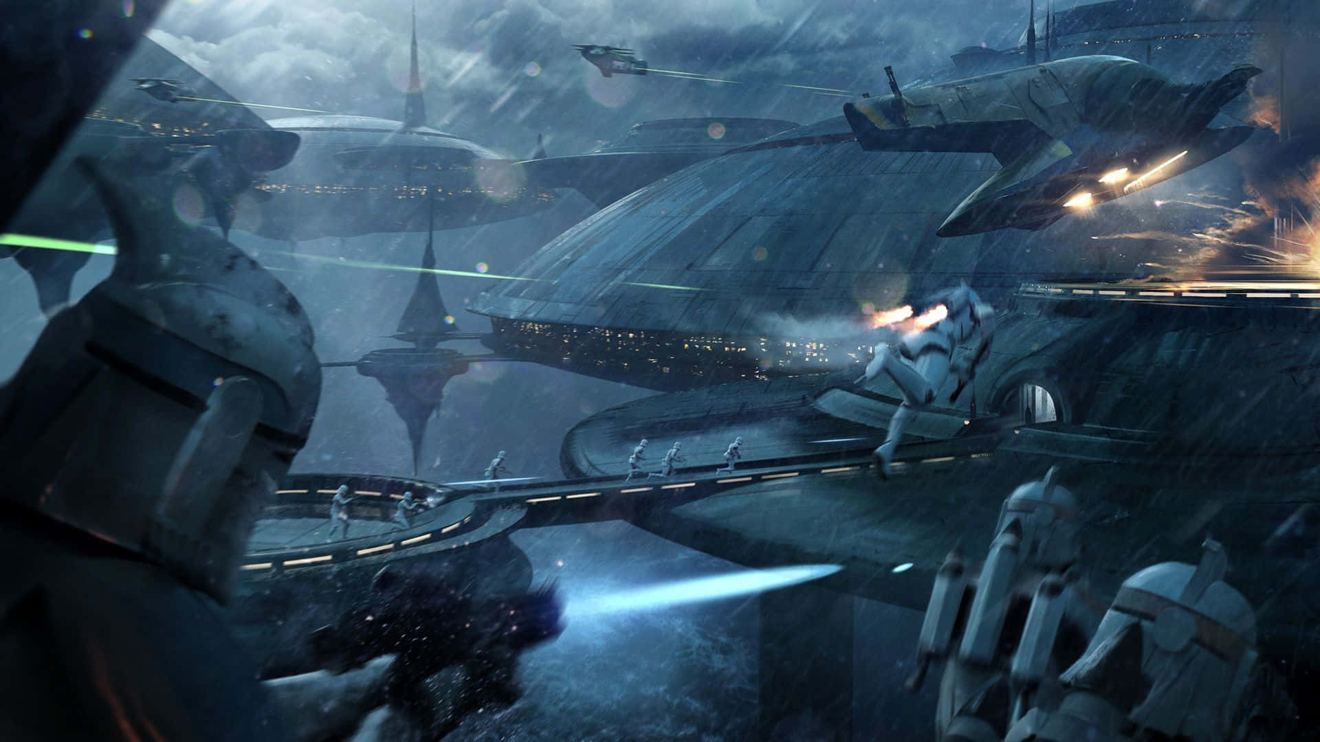 Star Wars Clone Wars, starfighters, futuristic cityscape, Full HD Desktop Wallpaper