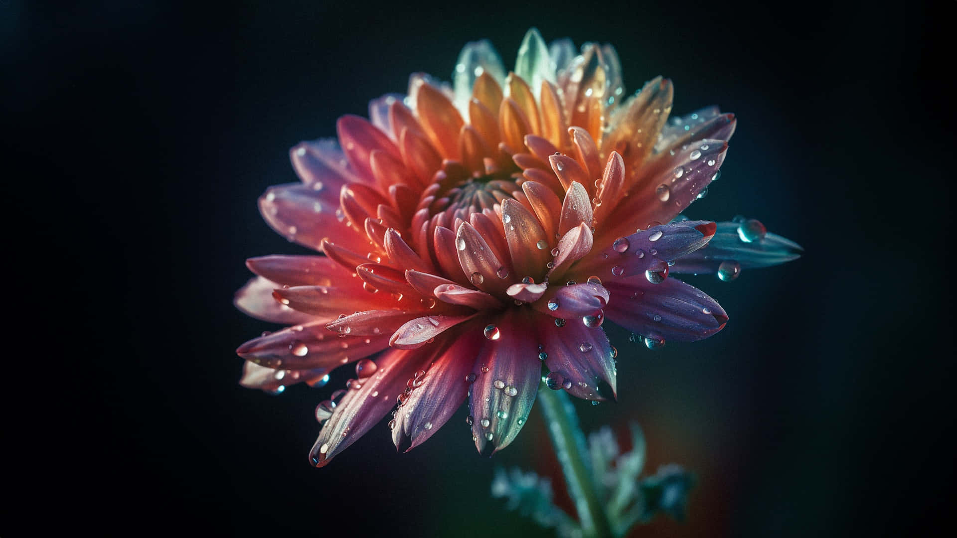 vibrant chrysanthemum, gradient petals from orange to purple, glistens with dewdrops, Full HD Desktop Wallpaper