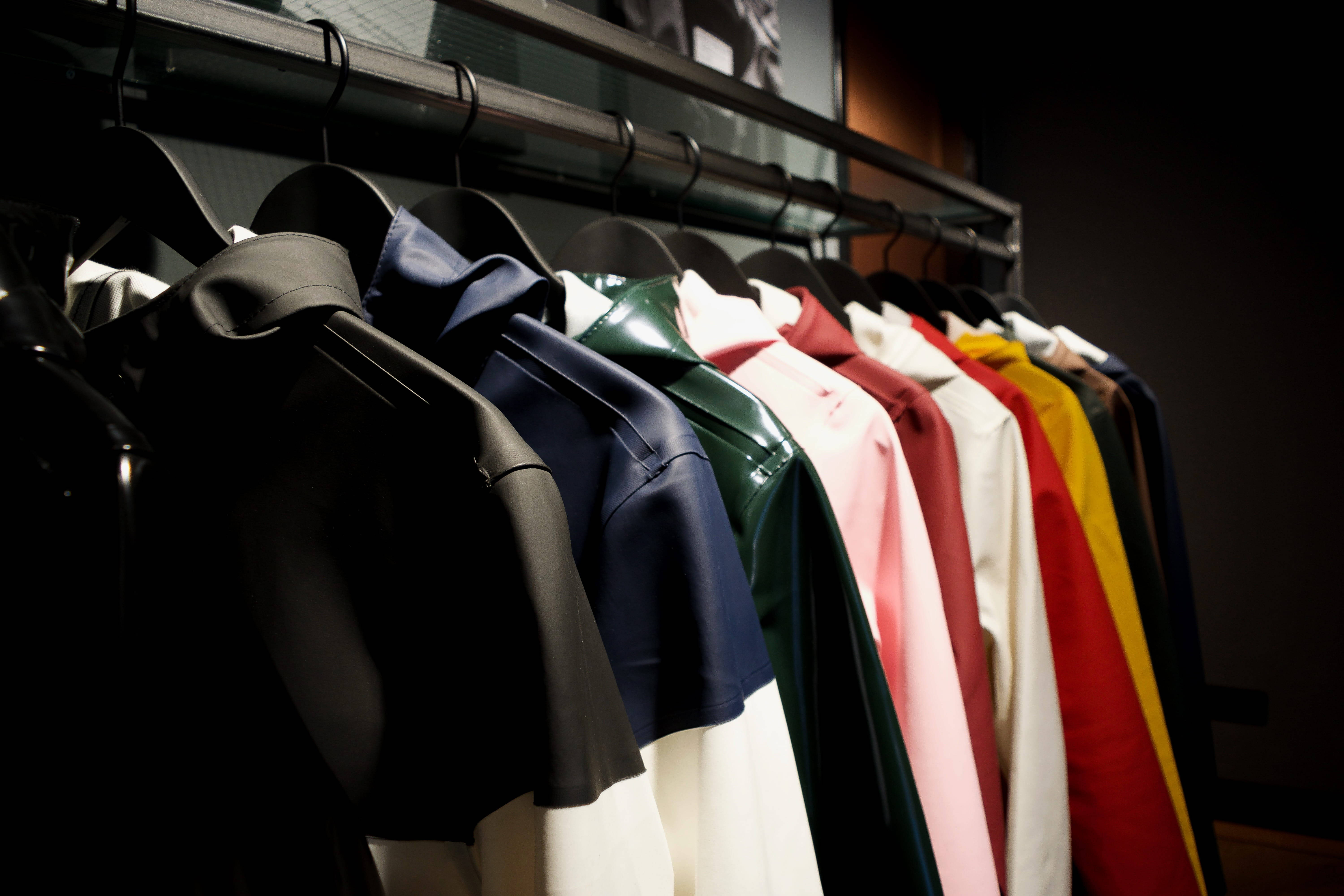 multicolored leather clothes, glossy colorful shirts, black hangers, 5K Desktop Wallpaper