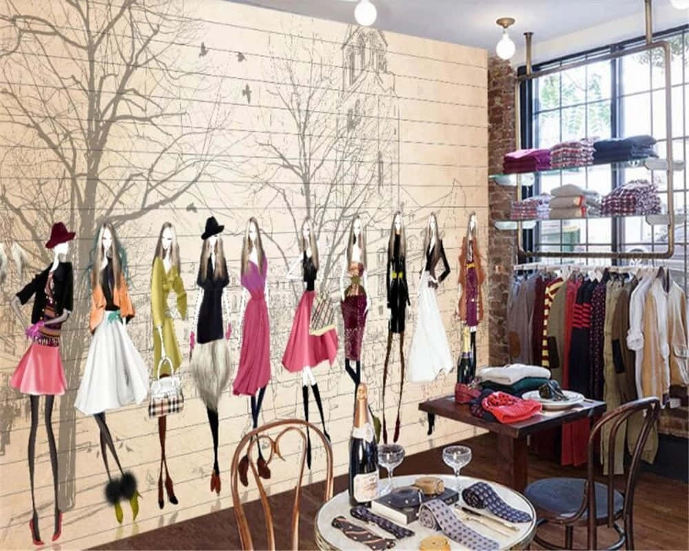 chic boutique interior, illustrated fashion dolls, wall mural of bare trees and a church, SD Desktop Wallpaper