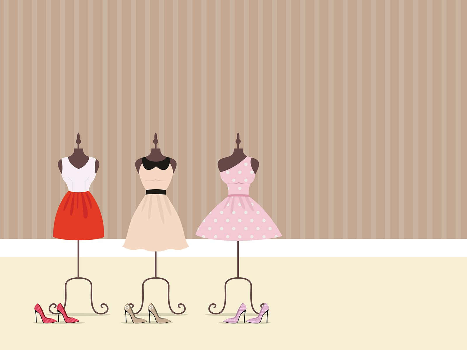 vintage dresses, matching heels, striped wallpaper background, HD Desktop Wallpaper
