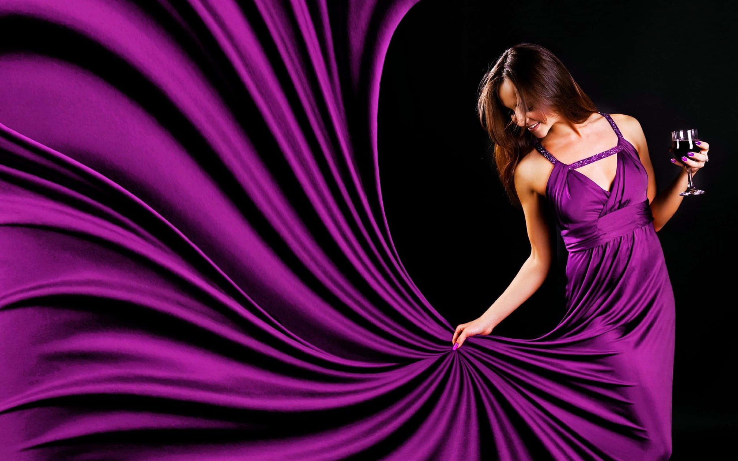 purple gown, wine glass, swirling purple fabric backdrop, 2K Desktop Wallpaper