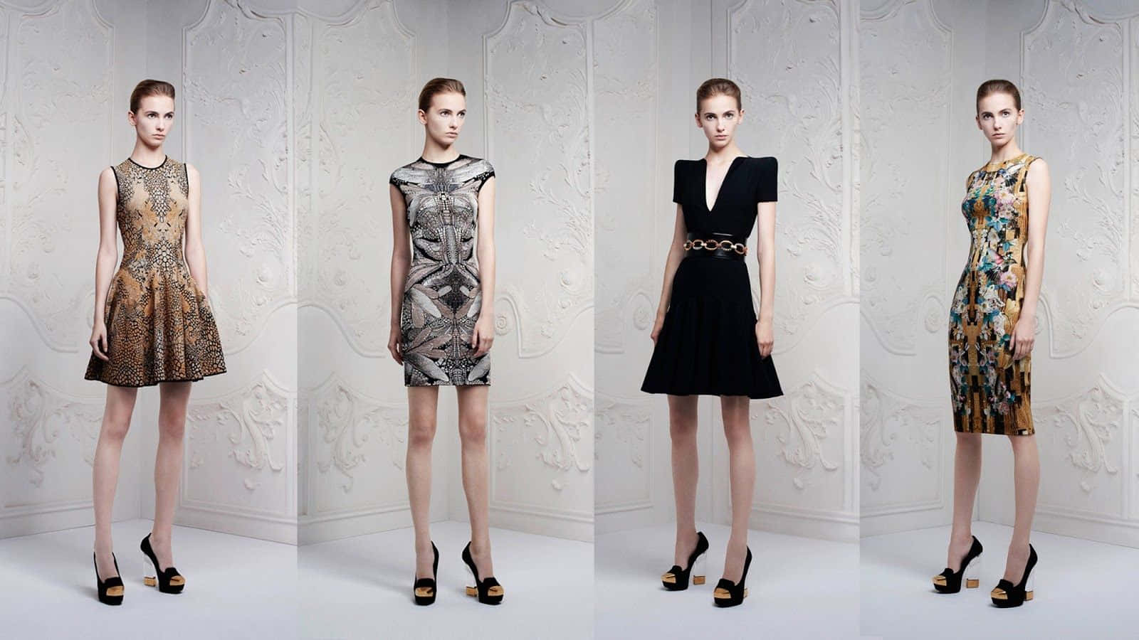 ornate patterned dresses, white textured wall, studio setting, HD Desktop Wallpaper