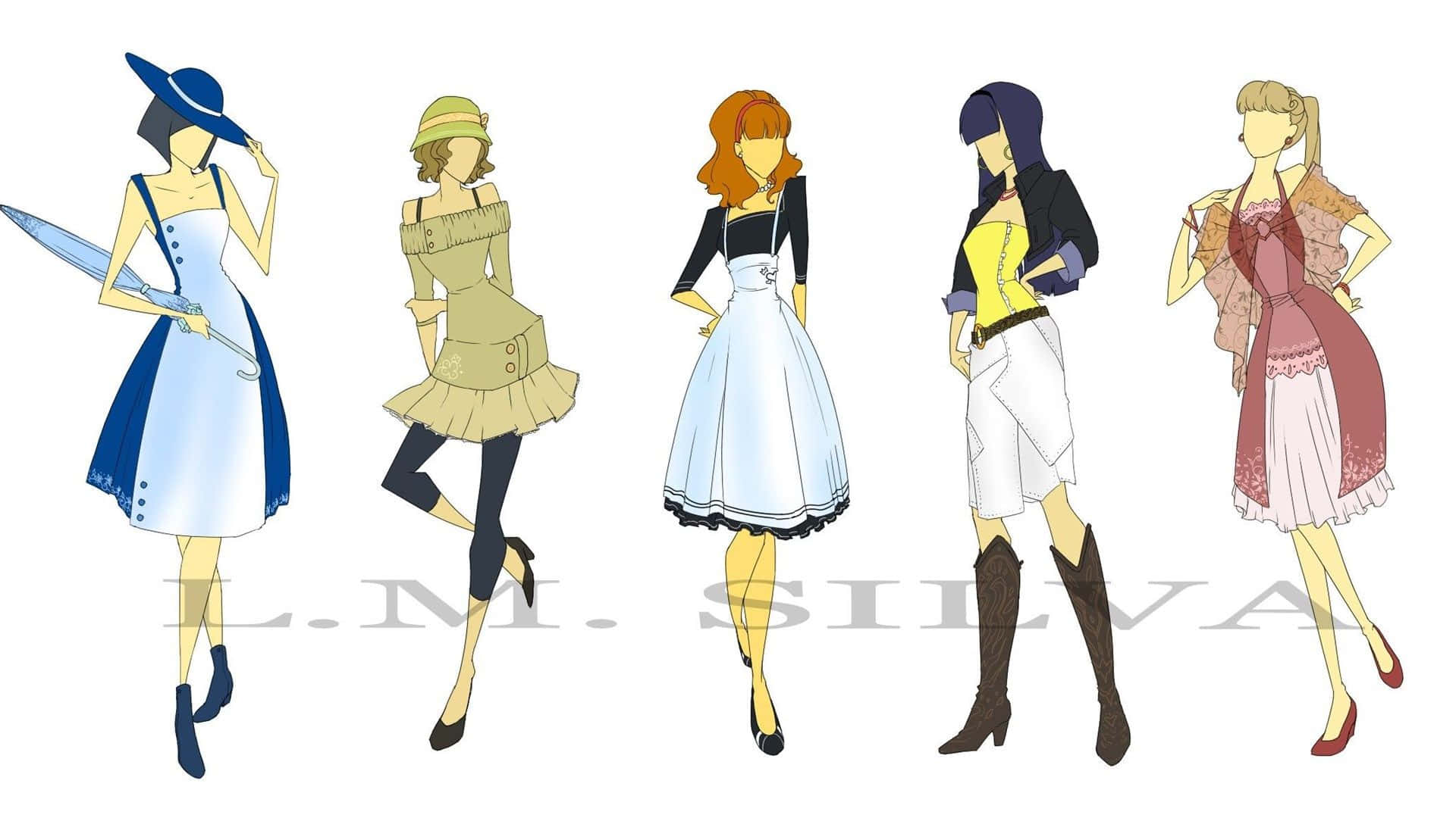 five stylized female fashion illustrations, varied outfits and poses, plain white background, Full HD Desktop Wallpaper