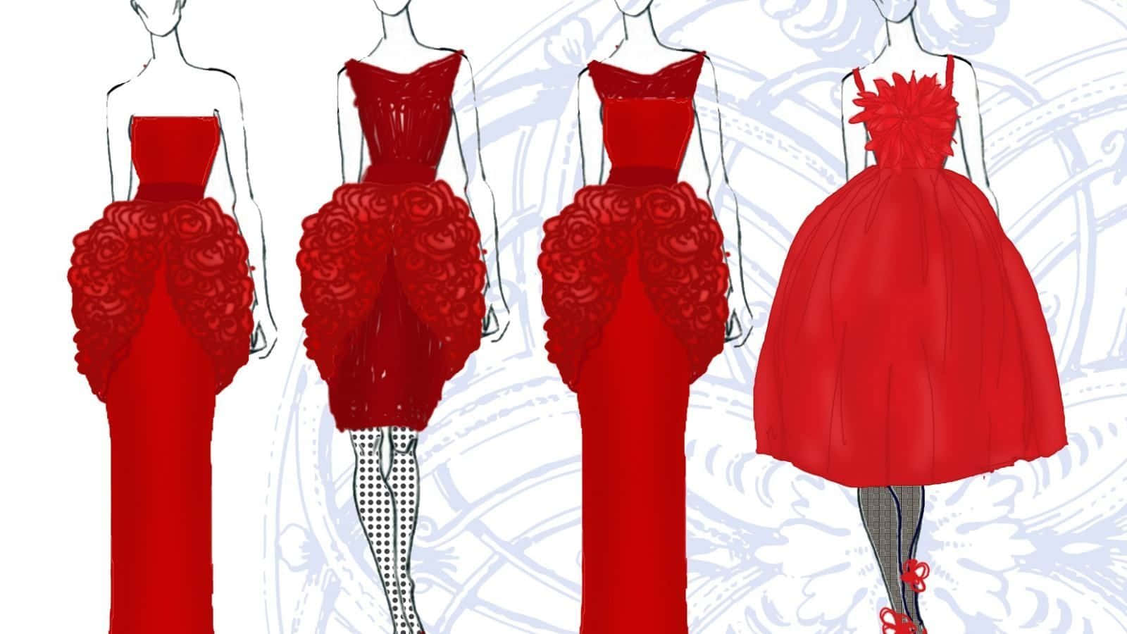 red gown, rose embellishments, stylized female figures, HD Desktop Wallpaper