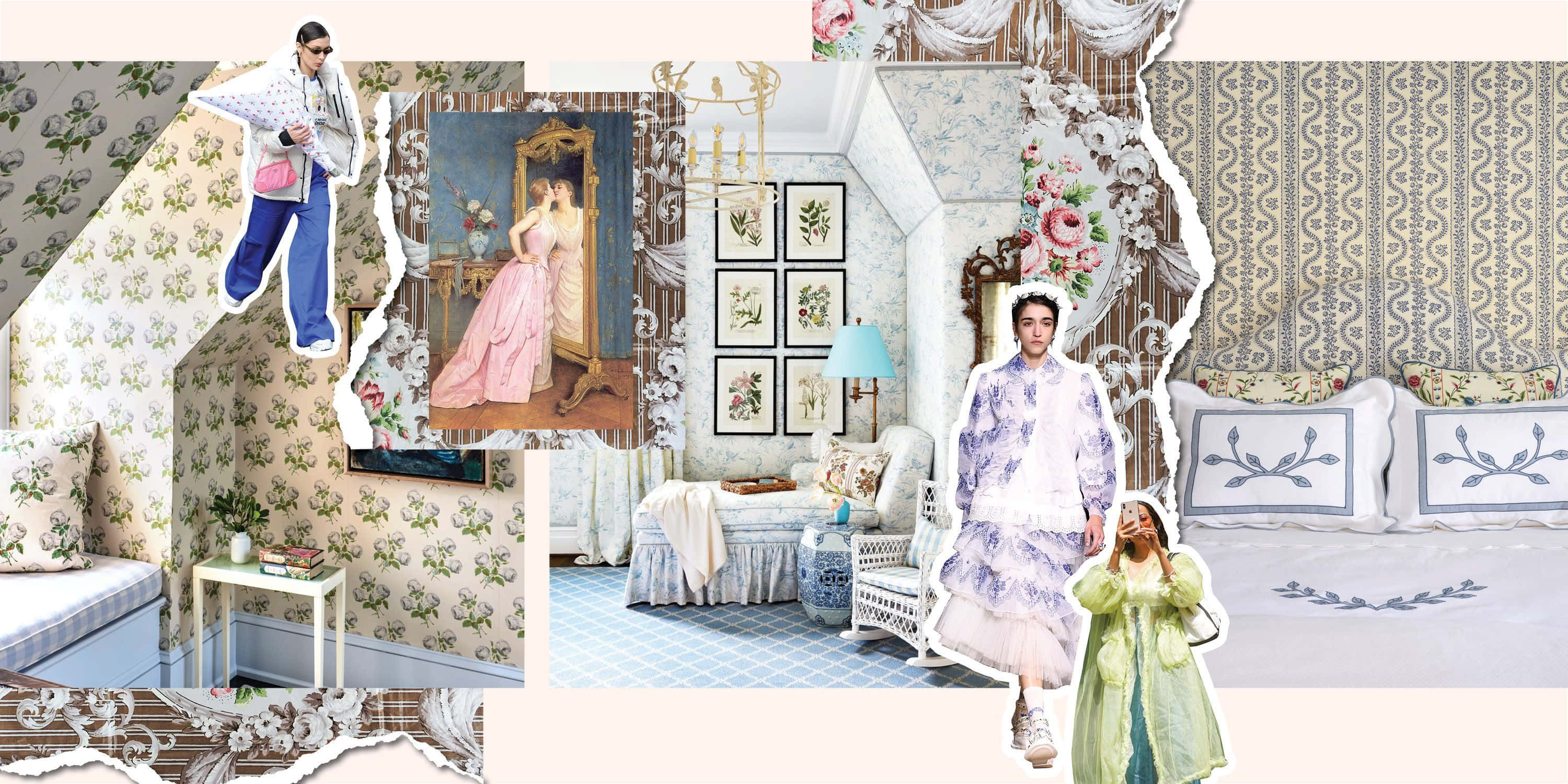 vintage wallpaper patterns, fashion models, ornate interiors, 2K Desktop Wallpaper