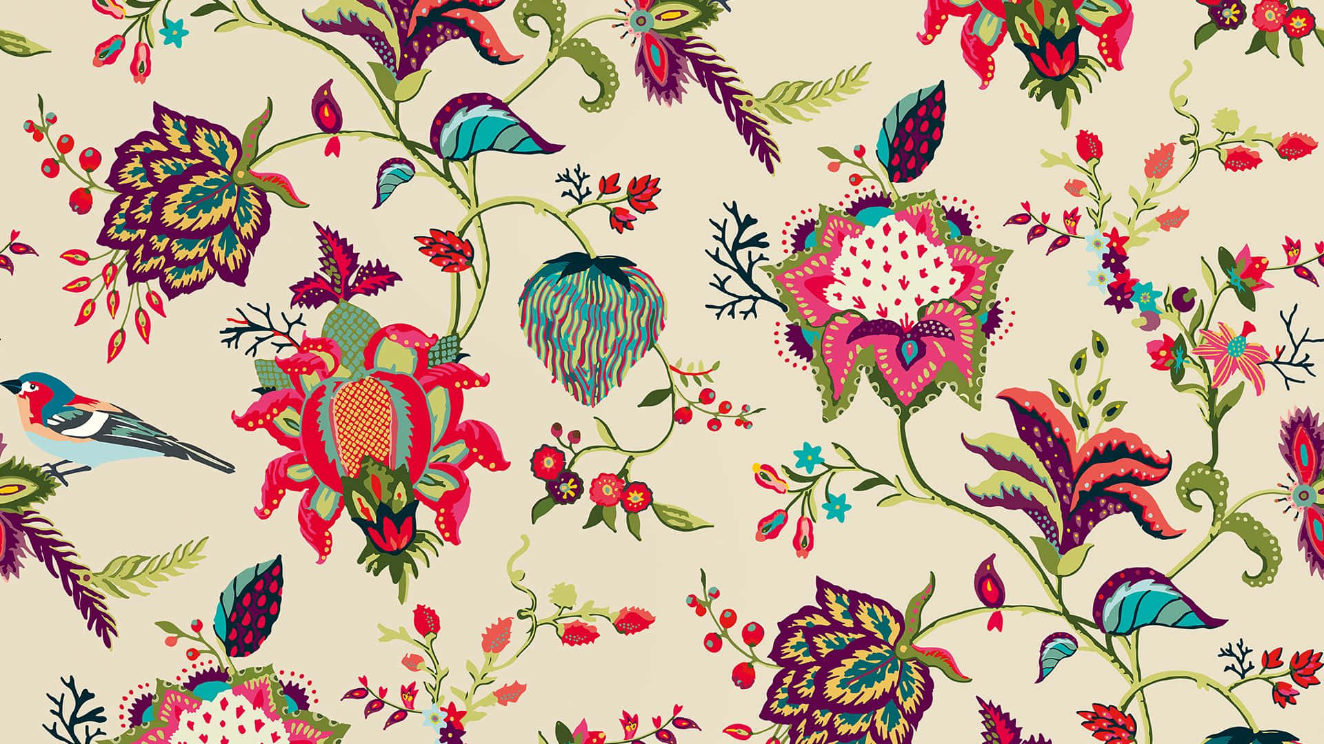 beige background, vibrant stylized floral pattern, colorful birds, Full HD Desktop Wallpaper