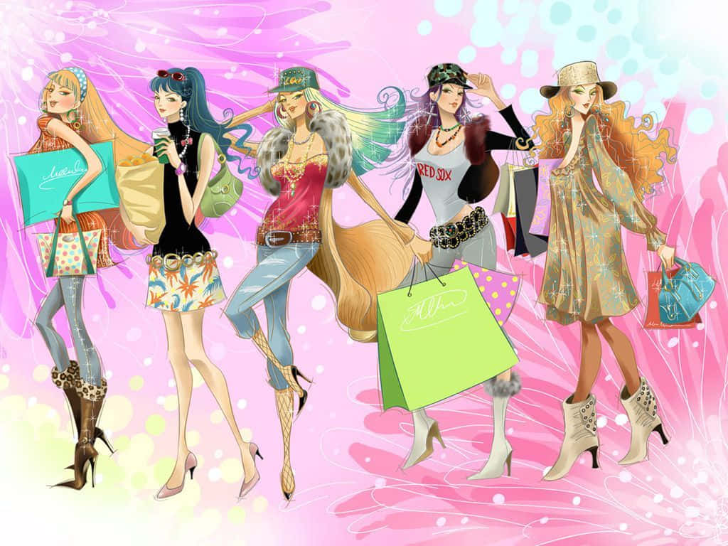 anime girls, colorful hair, trendy outfits, SD Desktop Wallpaper