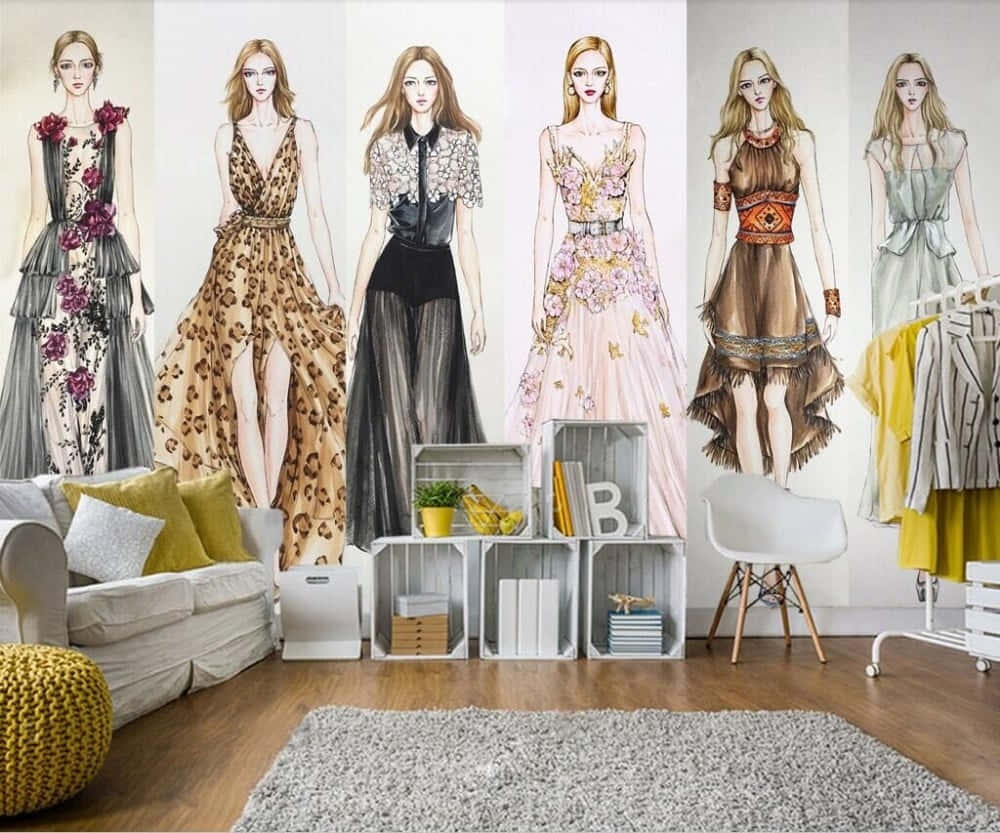clothing design, six fashion illustrations, women in elegant dresses, SD Desktop Wallpaper