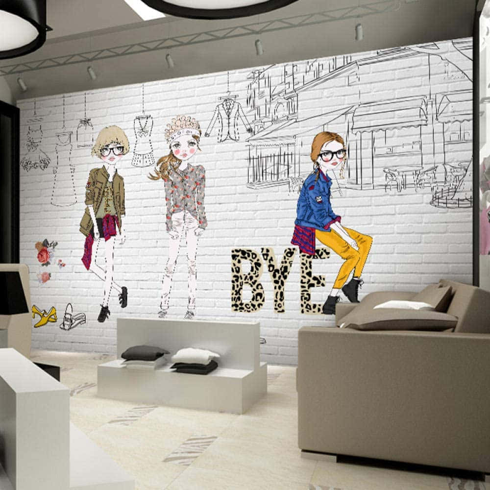 fashion girls, trendy outfits, white brick wall mural, SD Desktop Wallpaper