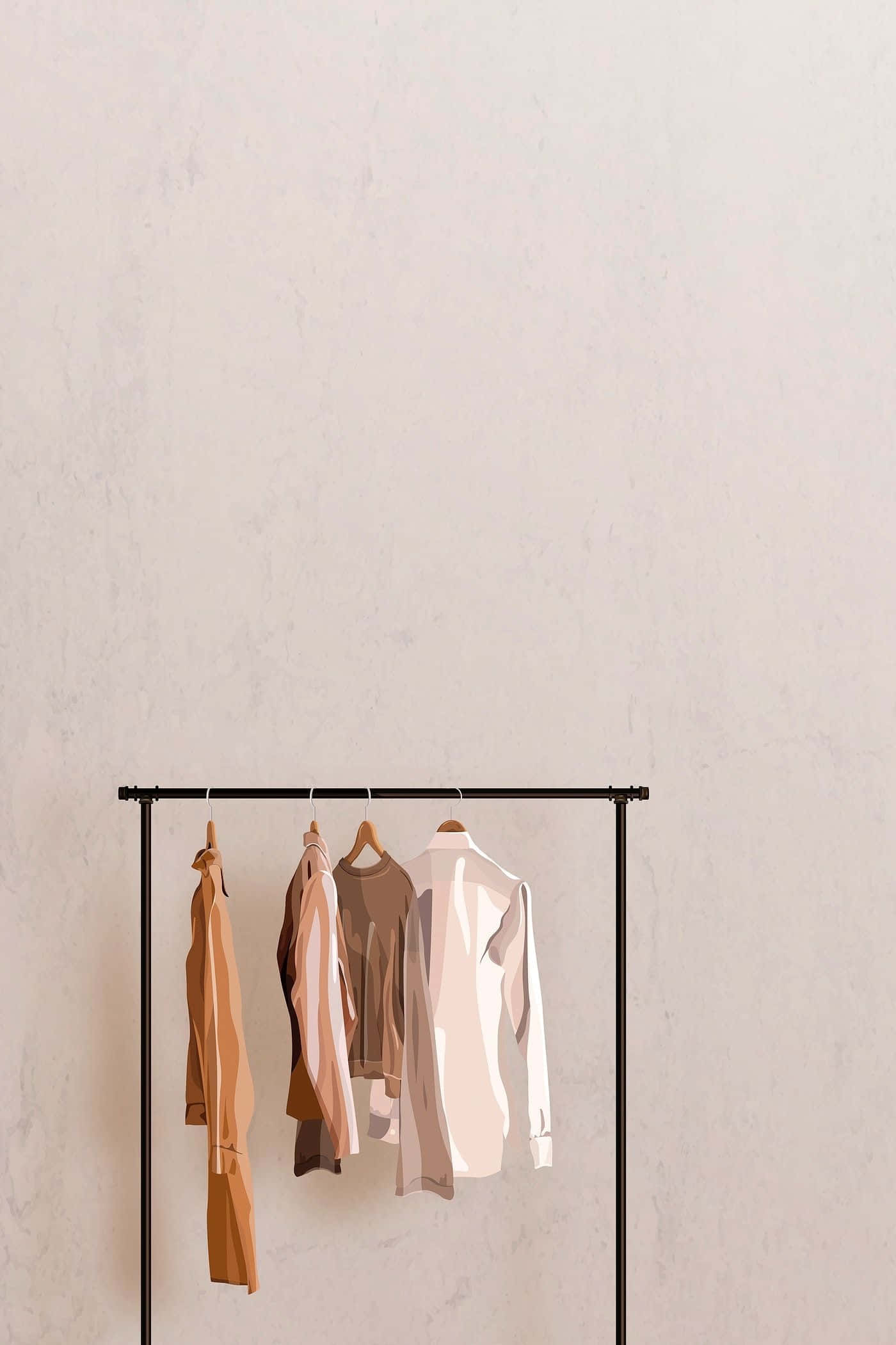 earth-toned garments, minimalist black clothing rack, textured off-white wall, Full HD Phone Wallpaper